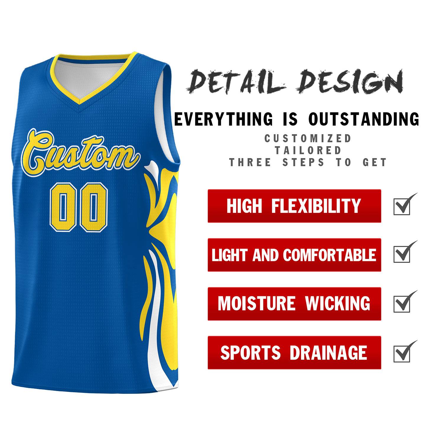 Custom Royal Gold-White Graffiti Pattern Side Curve Pattern Sports Uniform Basketball Jersey Sets