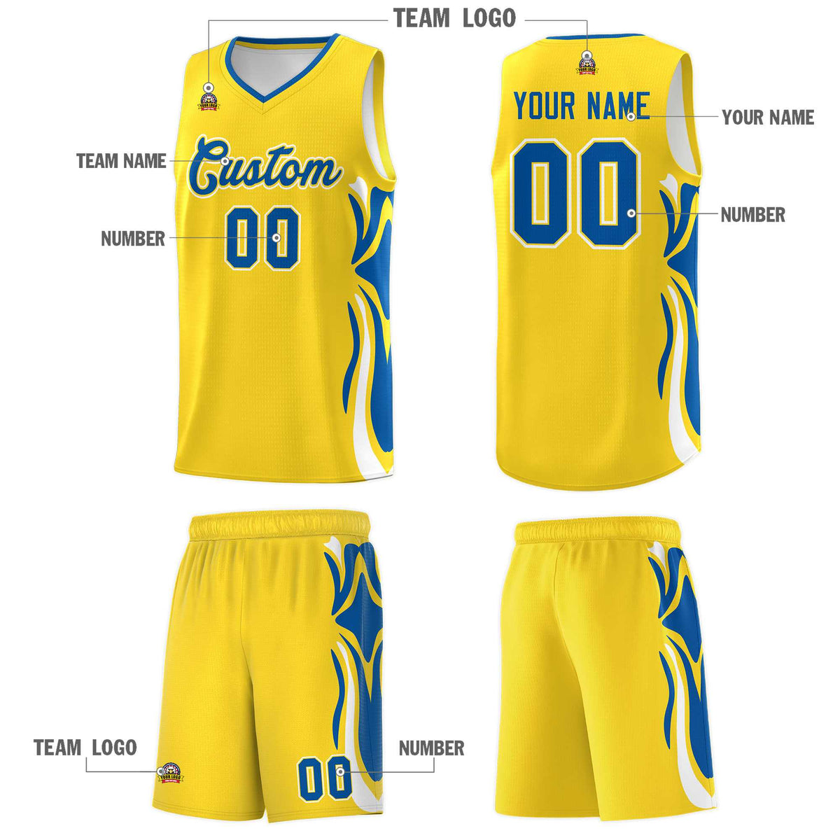Custom Gold Royal-White Graffiti Pattern Side Curve Pattern Sports Uniform Basketball Jersey Sets