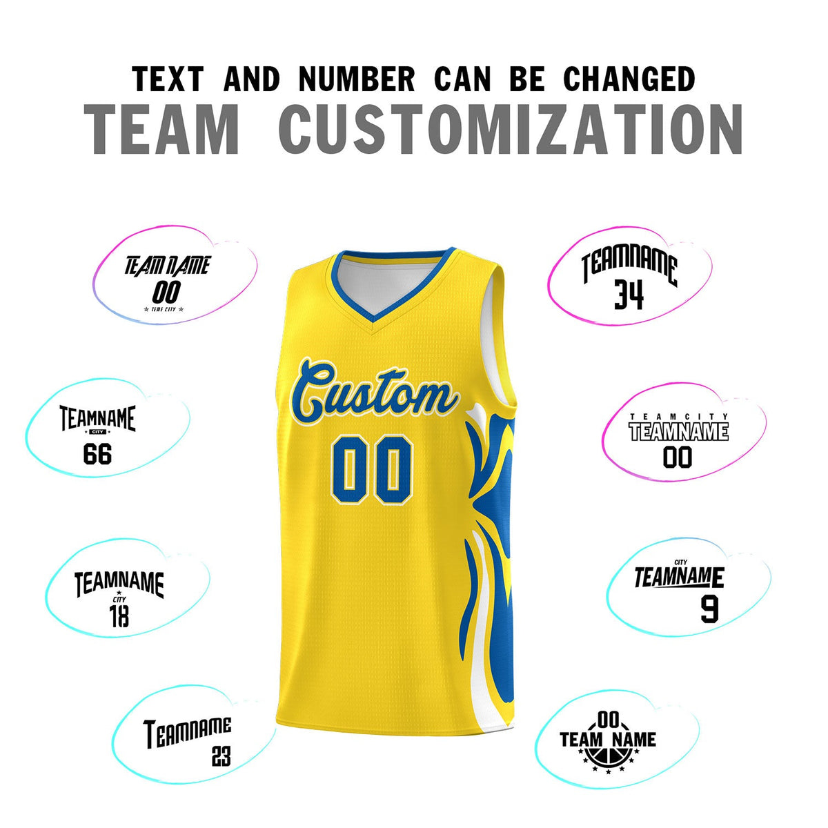 Custom Gold Royal-White Graffiti Pattern Side Curve Pattern Sports Uniform Basketball Jersey Sets
