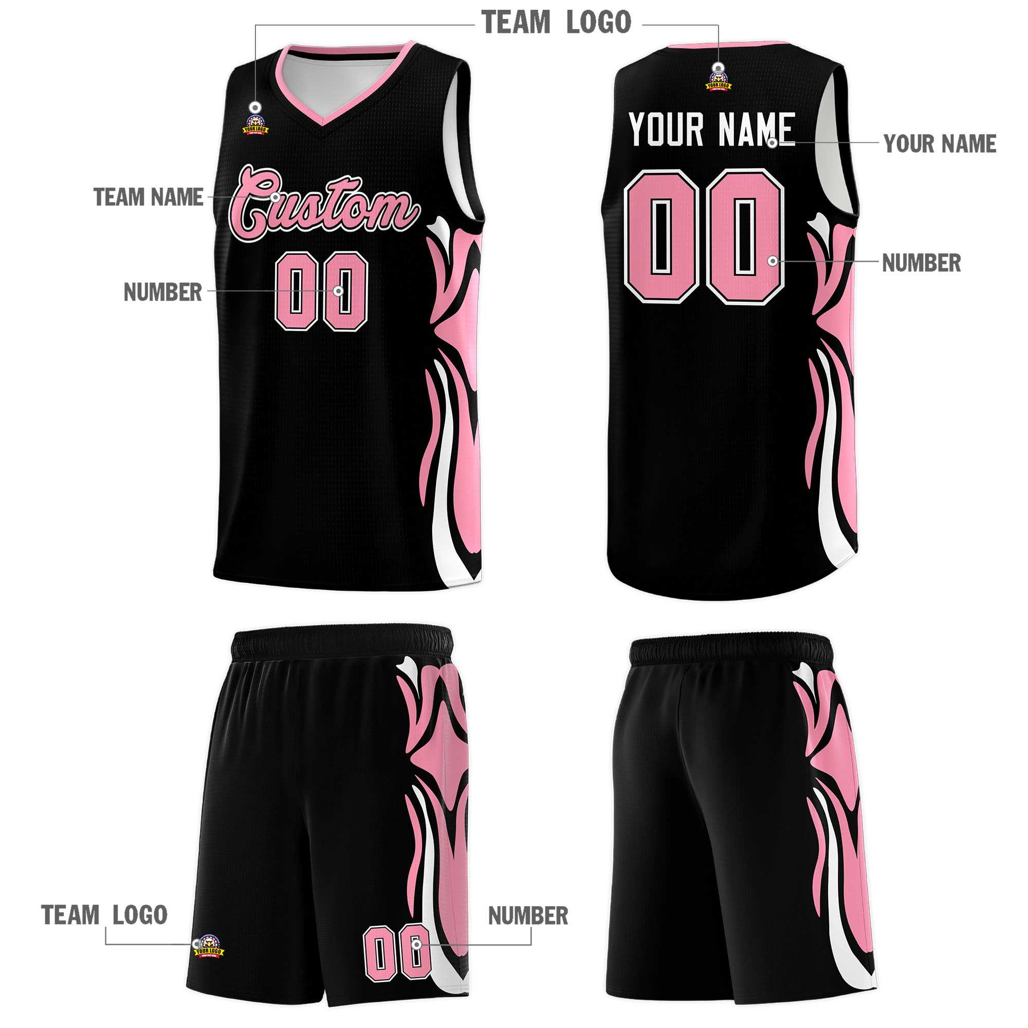 Custom Black Light Pink-White Graffiti Pattern Side Curve Pattern Sports Uniform Basketball Jersey Sets