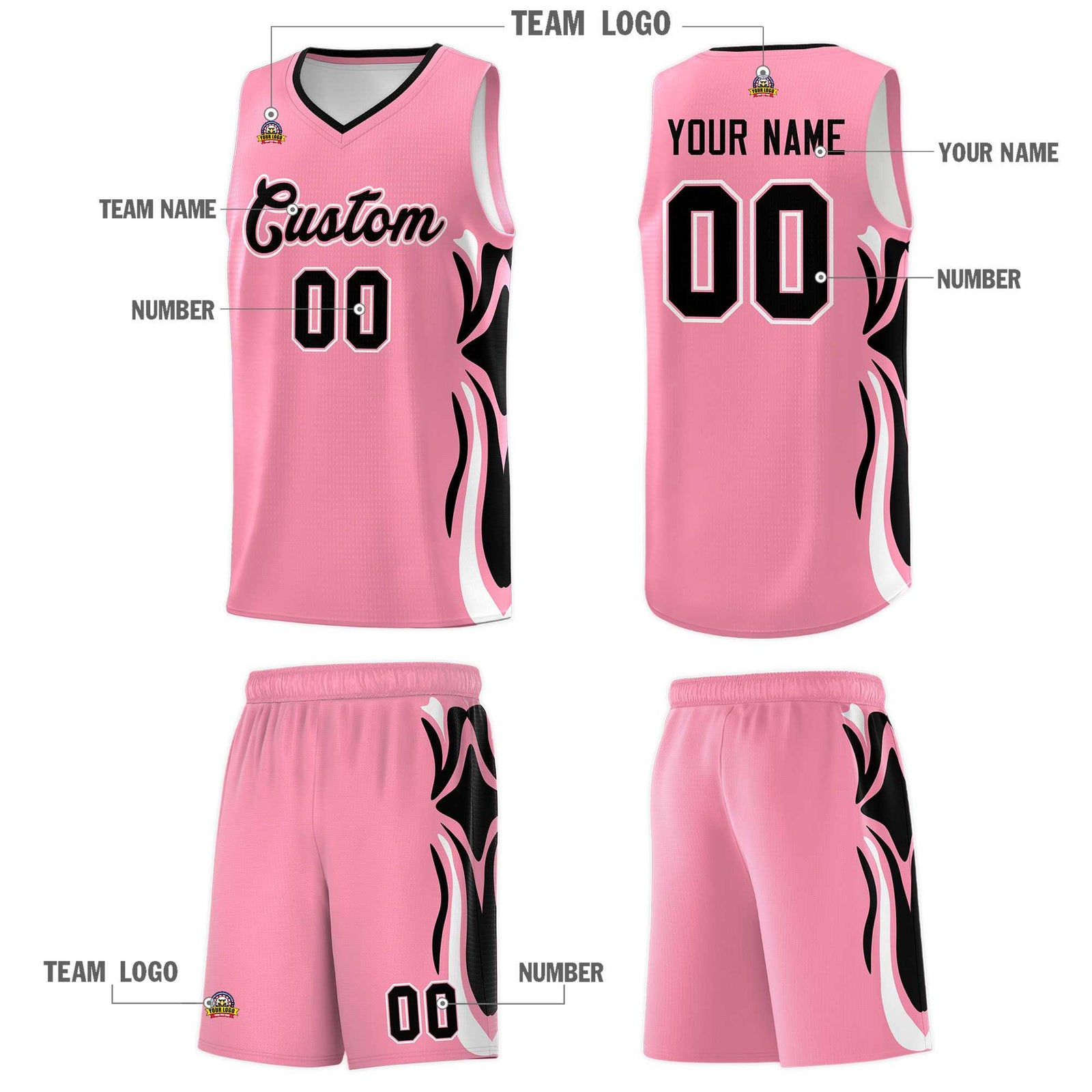 Custom Light Pink Black-White Graffiti Pattern Side Curve Pattern Sports Uniform Basketball Jersey Sets