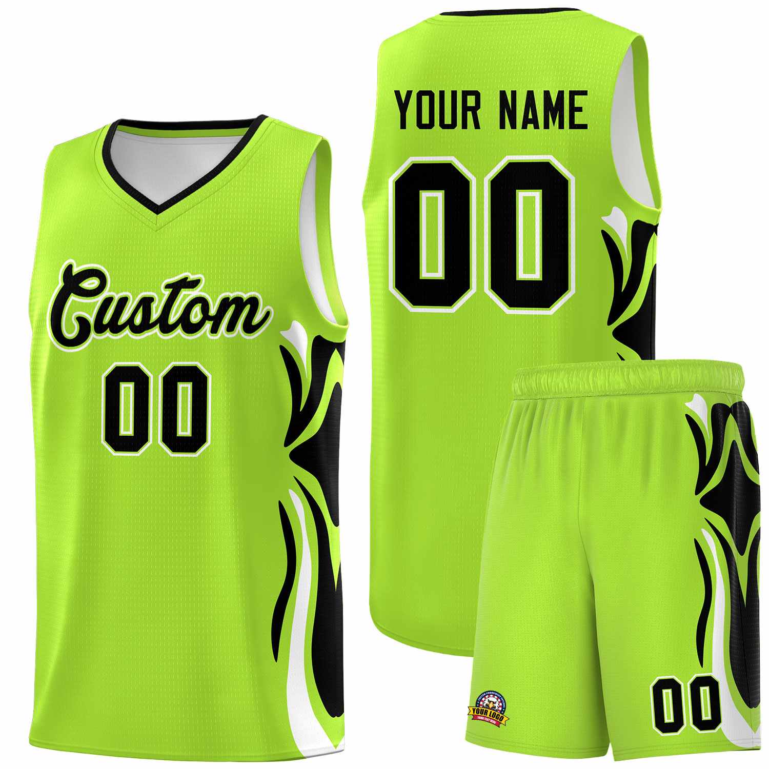 Custom Light Green Black-White Graffiti Pattern Side Curve Pattern Sports Uniform Basketball Jersey Sets