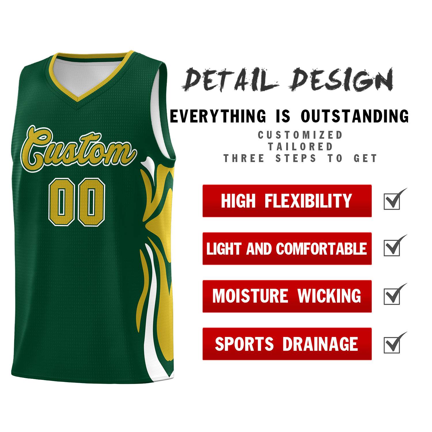 Custom Green Old Gold-White Graffiti Pattern Side Curve Pattern Sports Uniform Basketball Jersey Sets