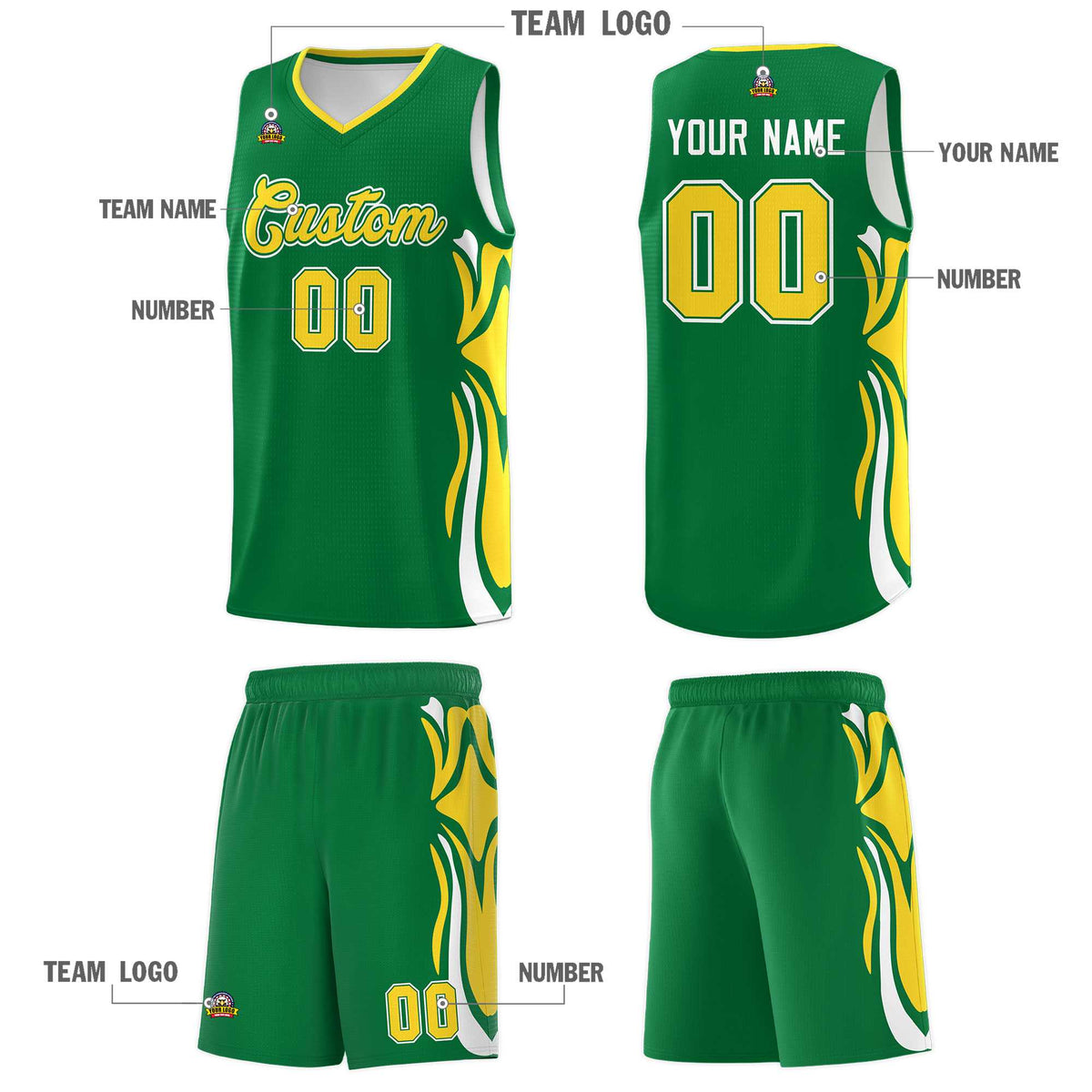 Custom Kelly Green Gold-White Graffiti Pattern Side Curve Pattern Sports Uniform Basketball Jersey Sets