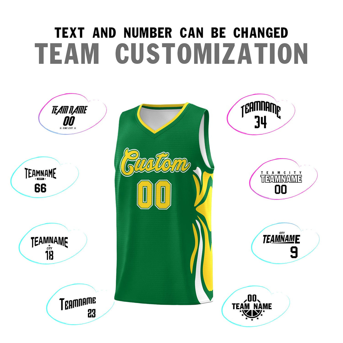 Custom Kelly Green Gold-White Graffiti Pattern Side Curve Pattern Sports Uniform Basketball Jersey Sets
