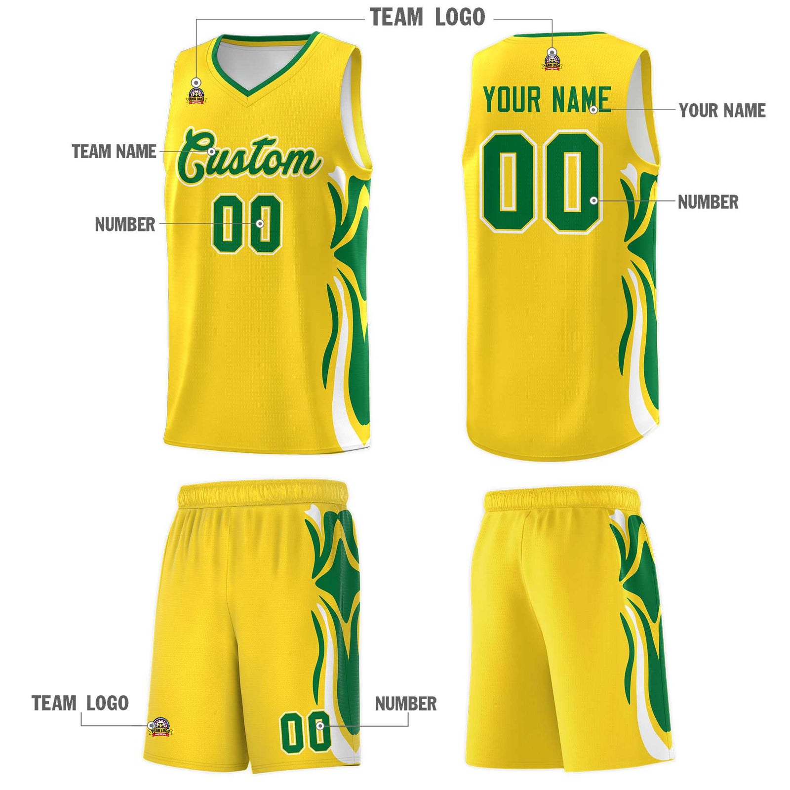 Custom Gold Kelly Green-White Graffiti Pattern Side Curve Pattern Sports Uniform Basketball Jersey Sets