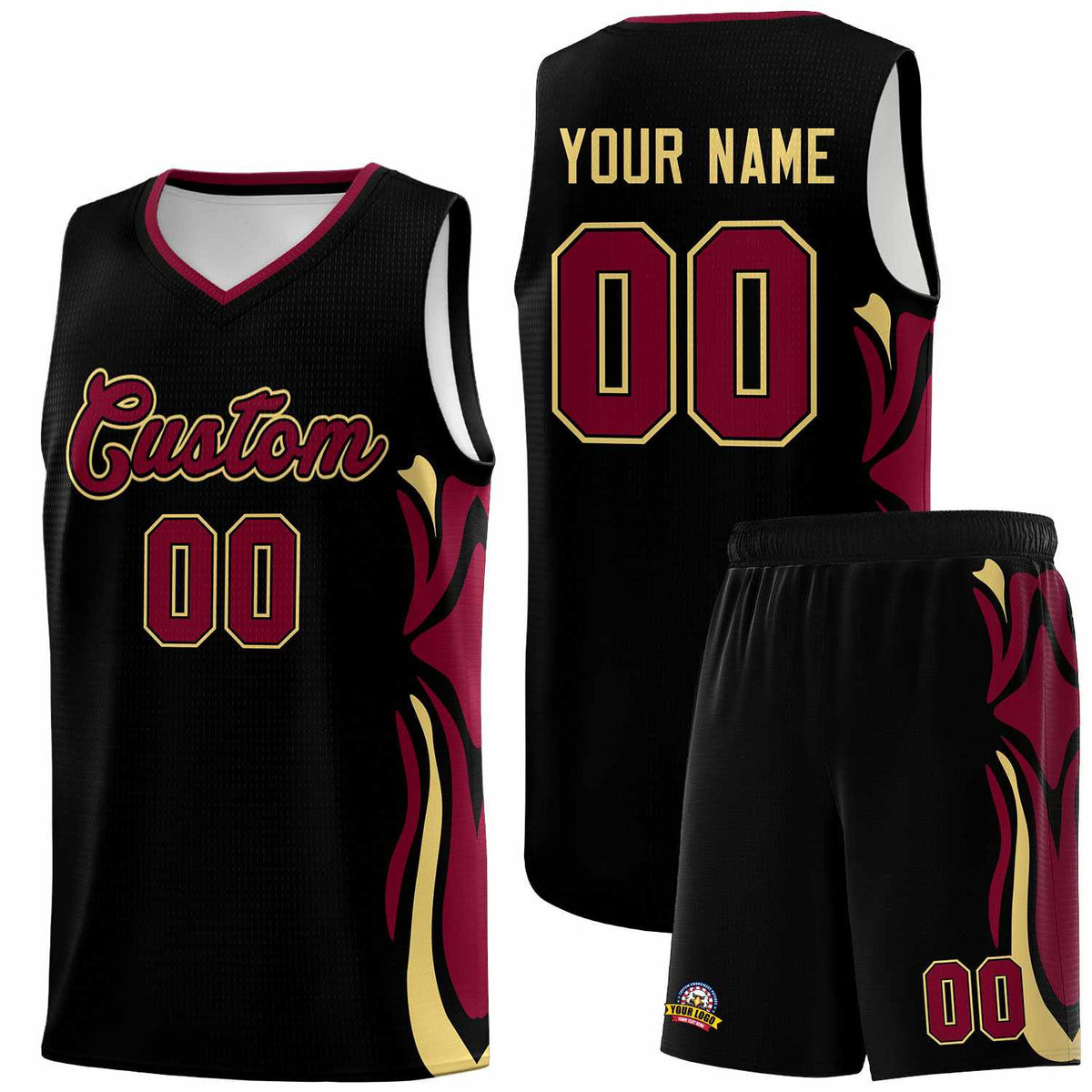 Custom Black Crimson-Khaki Graffiti Pattern Side Curve Pattern Sports Uniform Basketball Jersey Sets