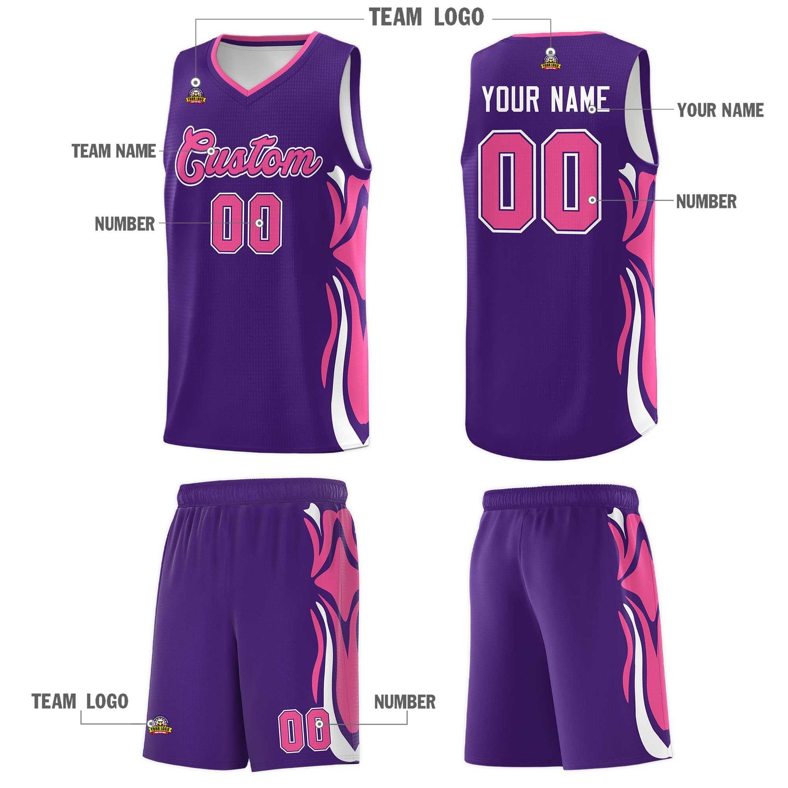 Custom Purple Pink-White Graffiti Pattern Side Curve Pattern Sports Uniform Basketball Jersey Sets