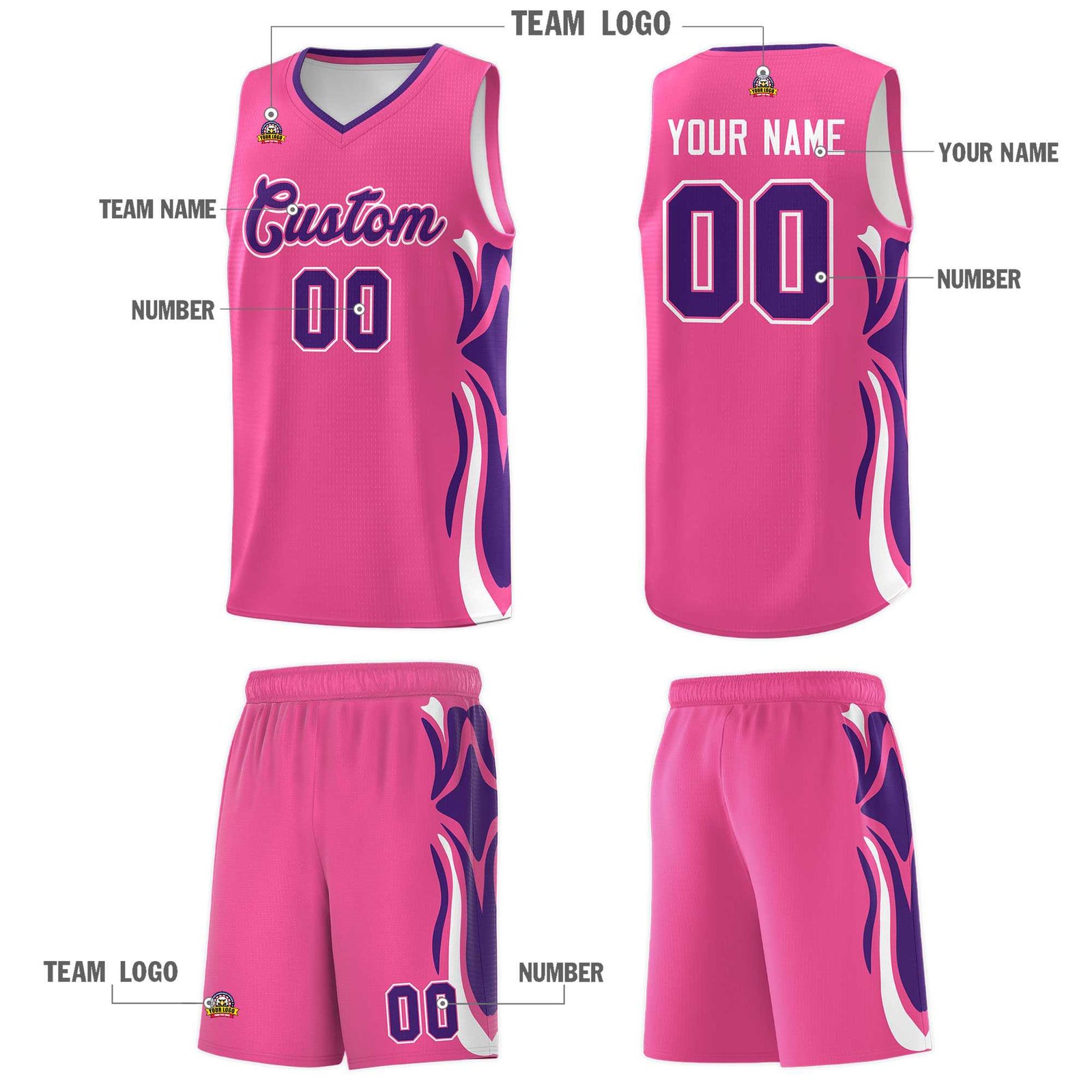 Custom Pink Purple-White Graffiti Pattern Side Curve Pattern Sports Uniform Basketball Jersey Sets