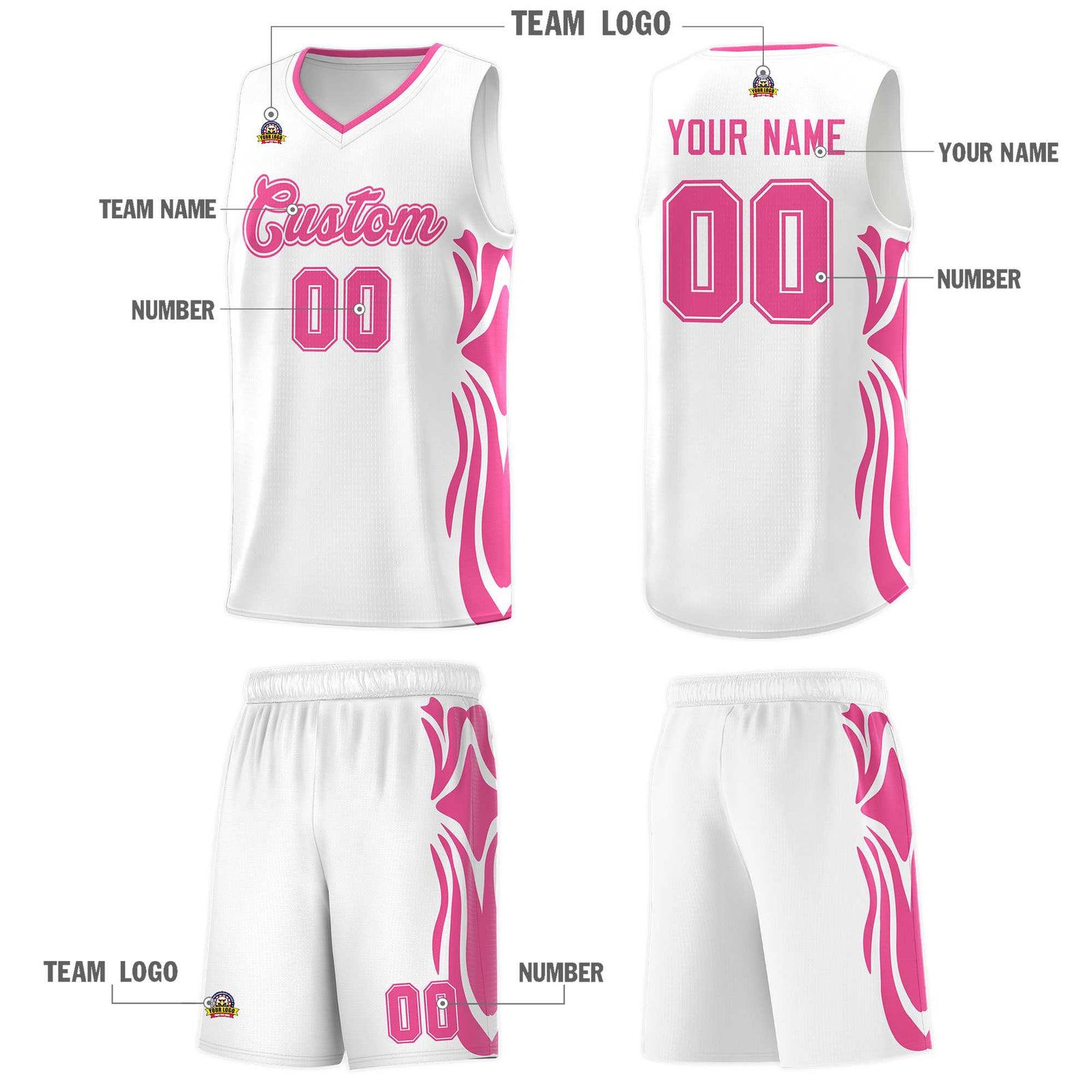Custom White Pink-Pink Graffiti Pattern Side Curve Pattern Sports Uniform Basketball Jersey Sets