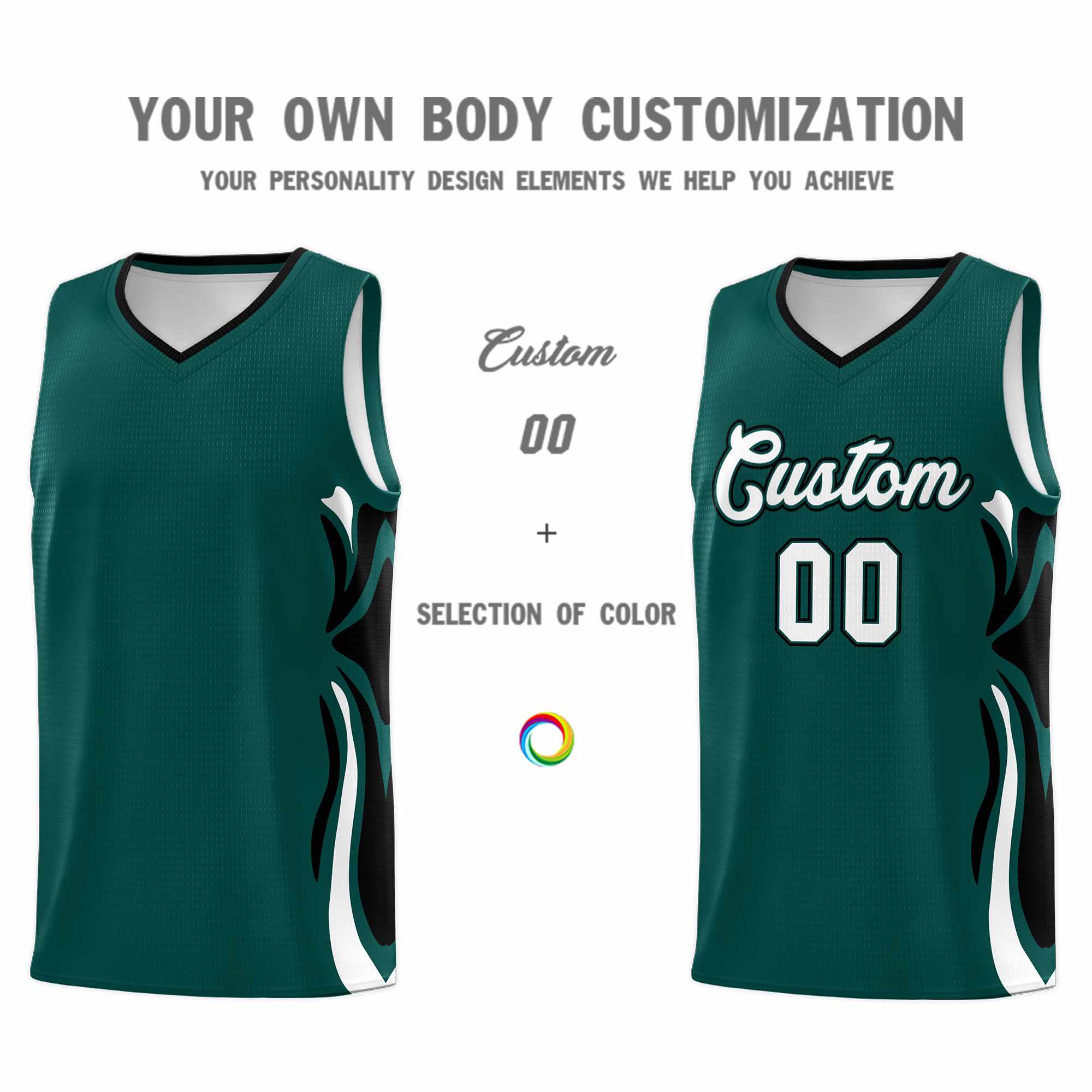 Custom Midnight Green White-Black Graffiti Pattern Side Curve Pattern Sports Uniform Basketball Jersey Sets