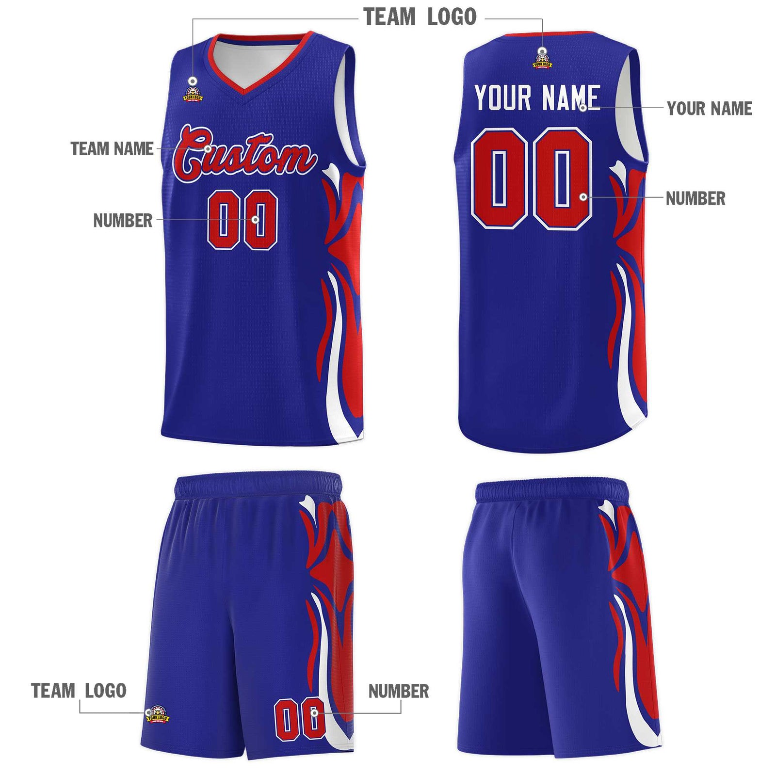 Custom Royal Red-White Graffiti Pattern Side Curve Pattern Sports Uniform Basketball Jersey Sets