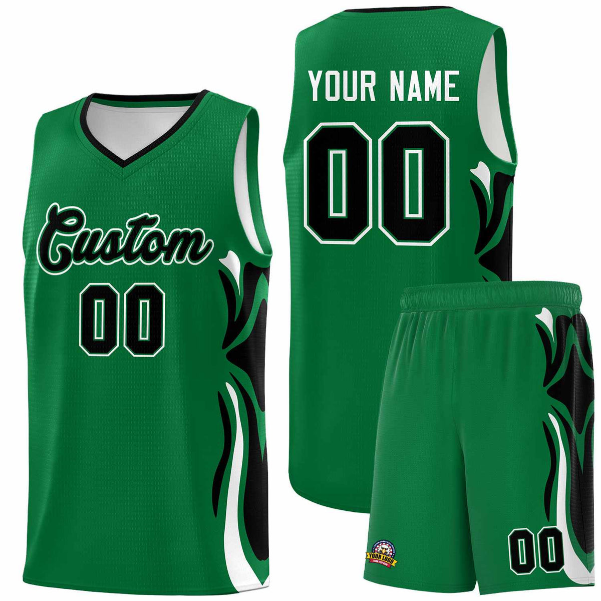 Custom Kelly Green Black-White Graffiti Pattern Side Curve Pattern Sports Uniform Basketball Jersey Sets