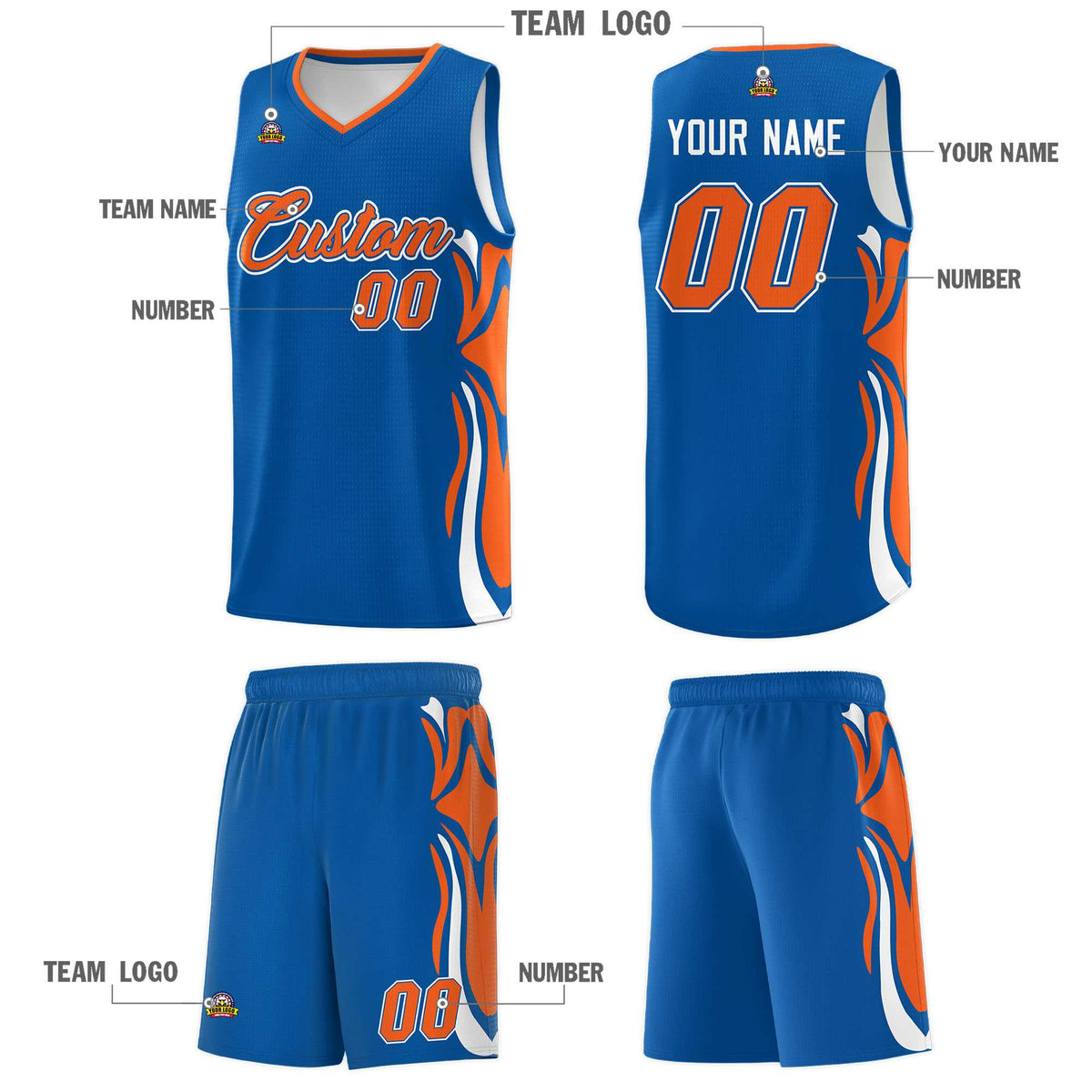 Custom Royal Orange-White Graffiti Pattern Side Curve Pattern Sports Uniform Basketball Jersey Sets