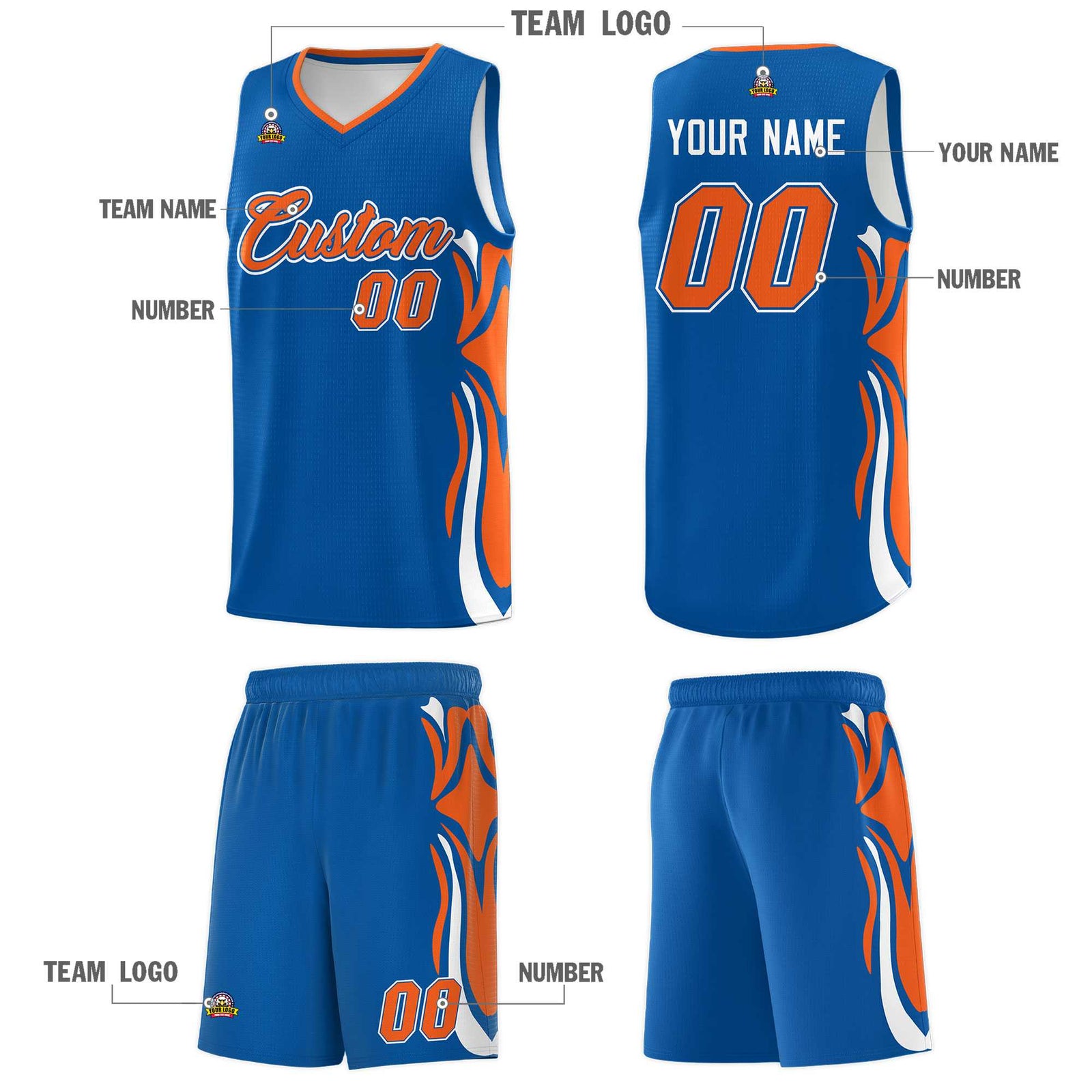 Custom Royal Orange-White Graffiti Pattern Side Curve Pattern Sports Uniform Basketball Jersey Sets