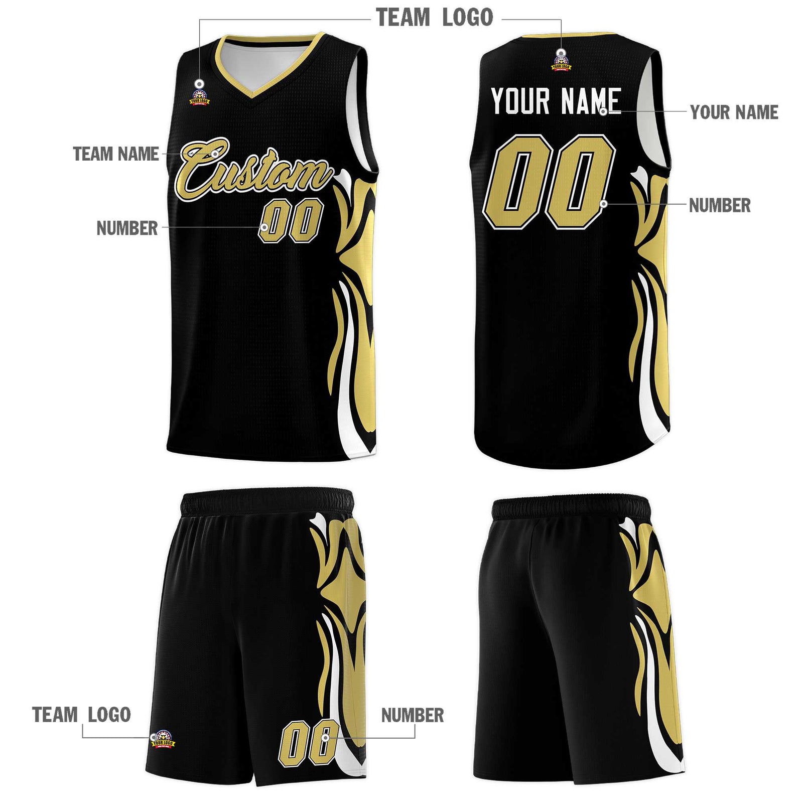 Custom Black Old Gold-White Graffiti Pattern Side Curve Pattern Sports Uniform Basketball Jersey Sets