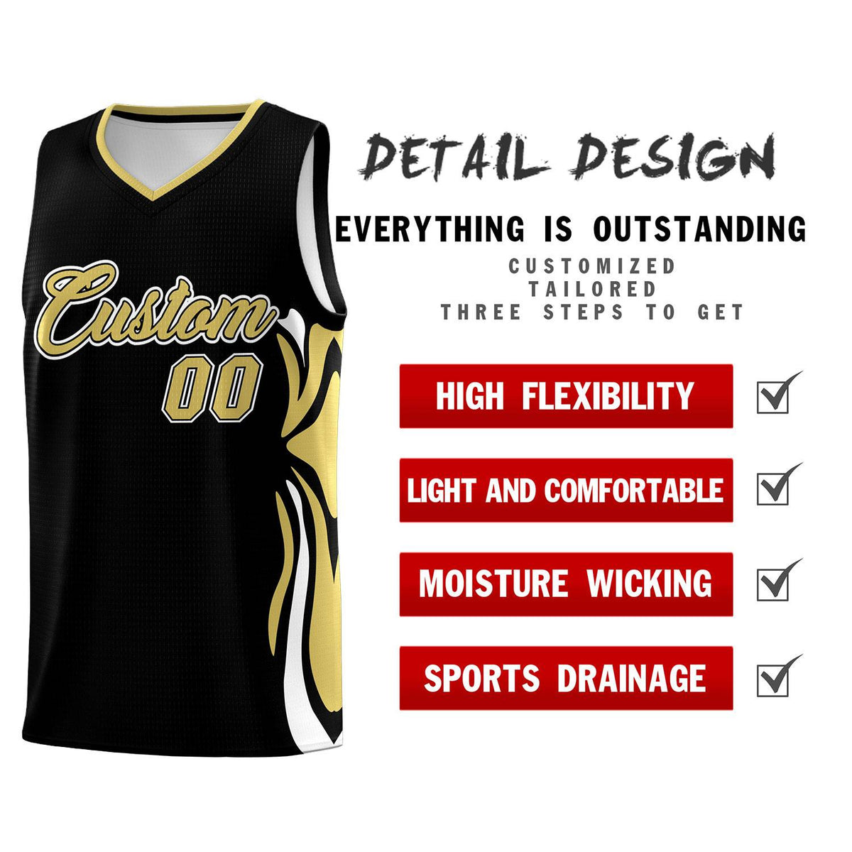 Custom Black Old Gold-White Graffiti Pattern Side Curve Pattern Sports Uniform Basketball Jersey Sets