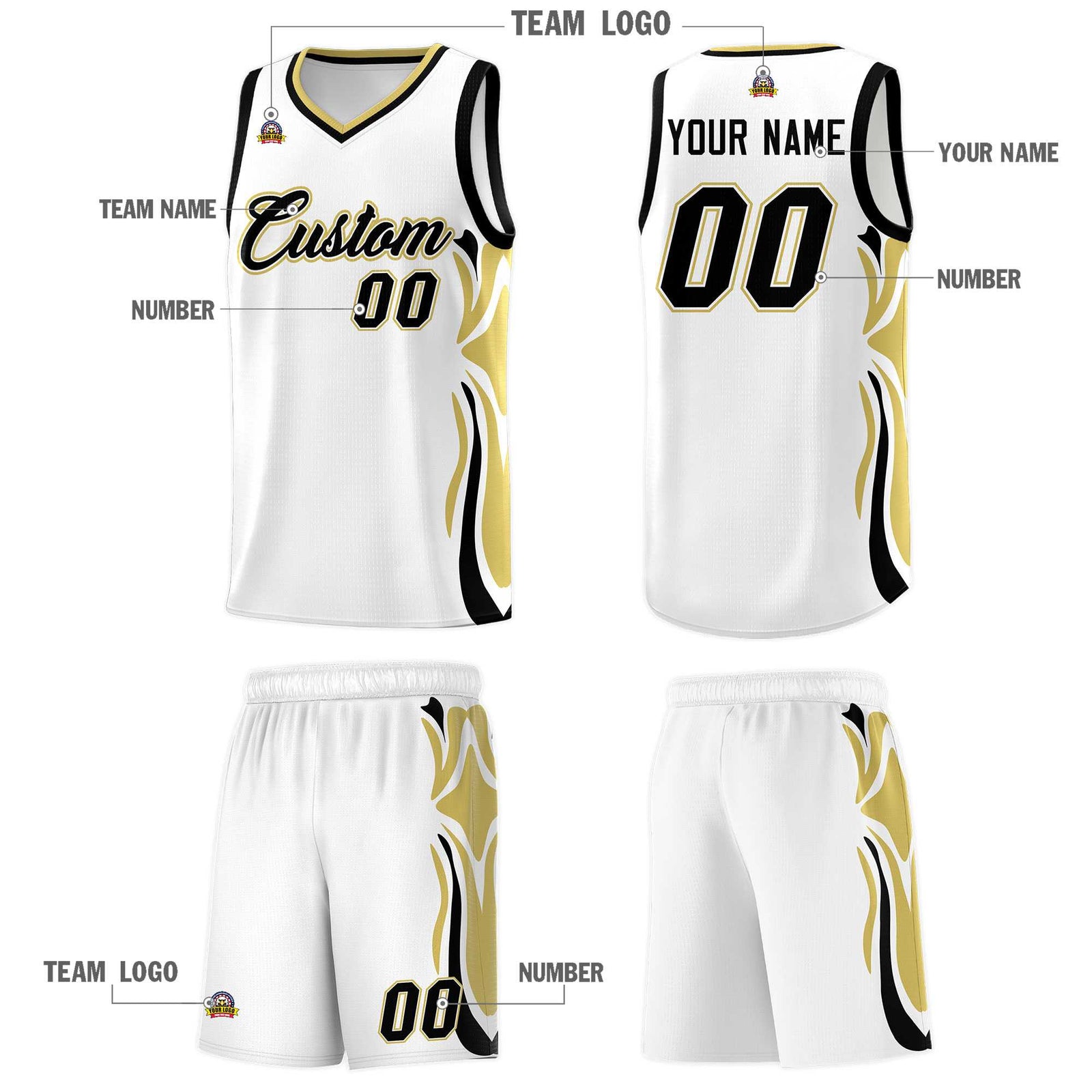 Custom White Black-Old Gold Graffiti Pattern Side Curve Pattern Sports Uniform Basketball Jersey Sets