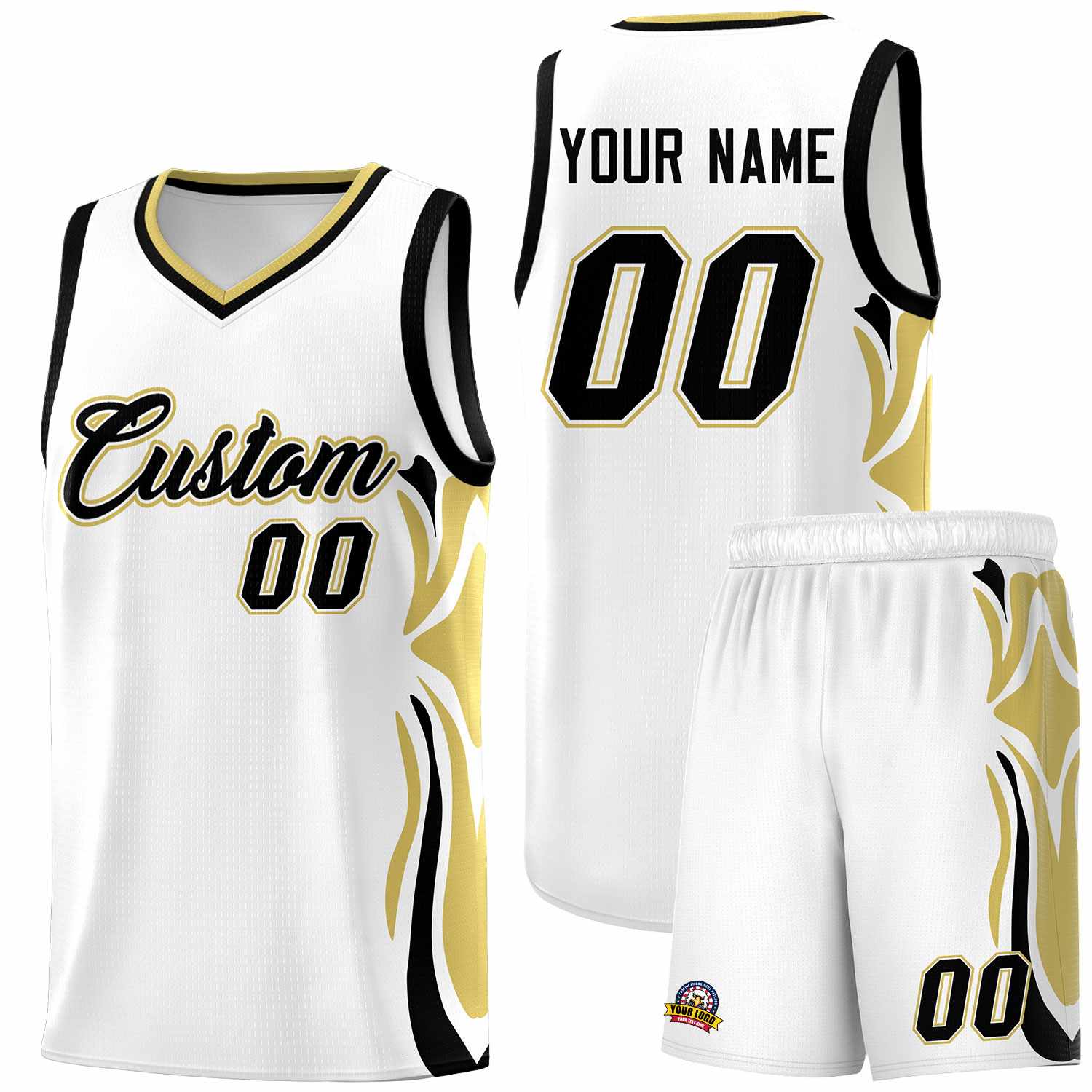 Custom White Black-Old Gold Graffiti Pattern Side Curve Pattern Sports Uniform Basketball Jersey Sets