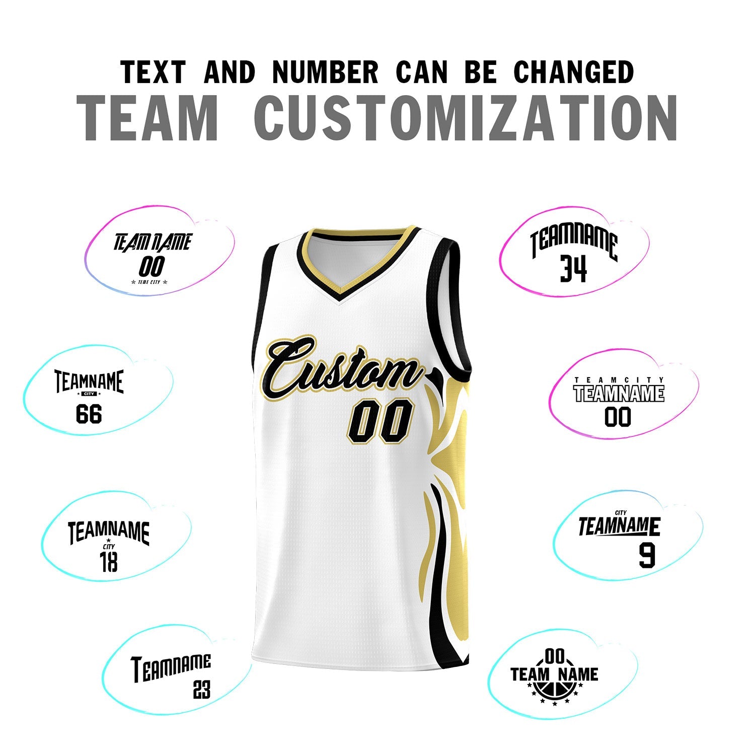 Custom White Black-Old Gold Graffiti Pattern Side Curve Pattern Sports Uniform Basketball Jersey Sets