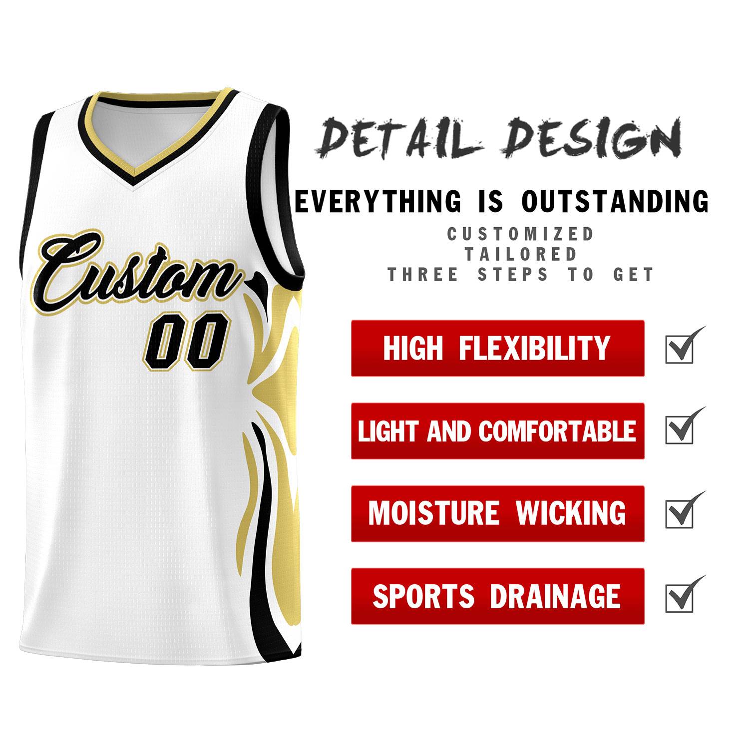 Custom White Black-Old Gold Graffiti Pattern Side Curve Pattern Sports Uniform Basketball Jersey Sets