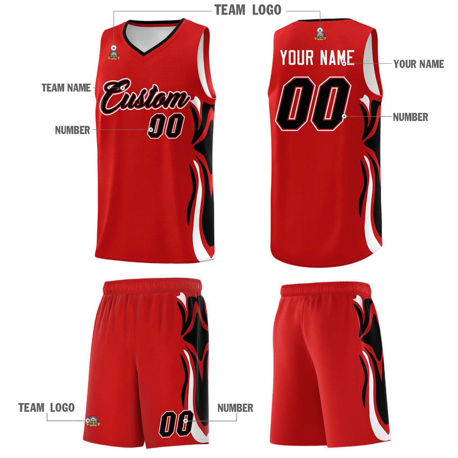 Custom Red Black-White Graffiti Pattern Side Curve Pattern Sports Uniform Basketball Jersey Sets