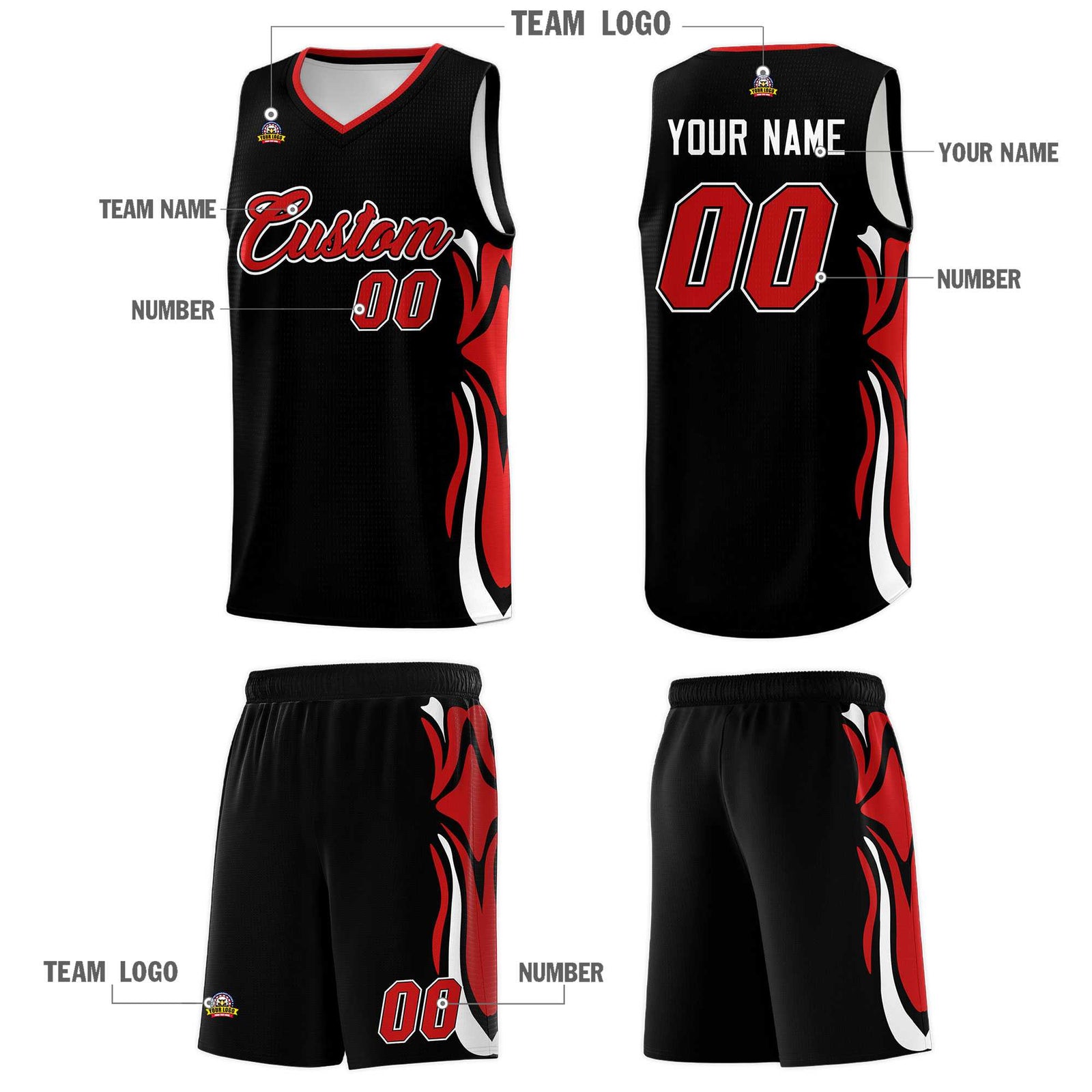 Custom Black Red-White Graffiti Pattern Side Curve Pattern Sports Uniform Basketball Jersey Sets