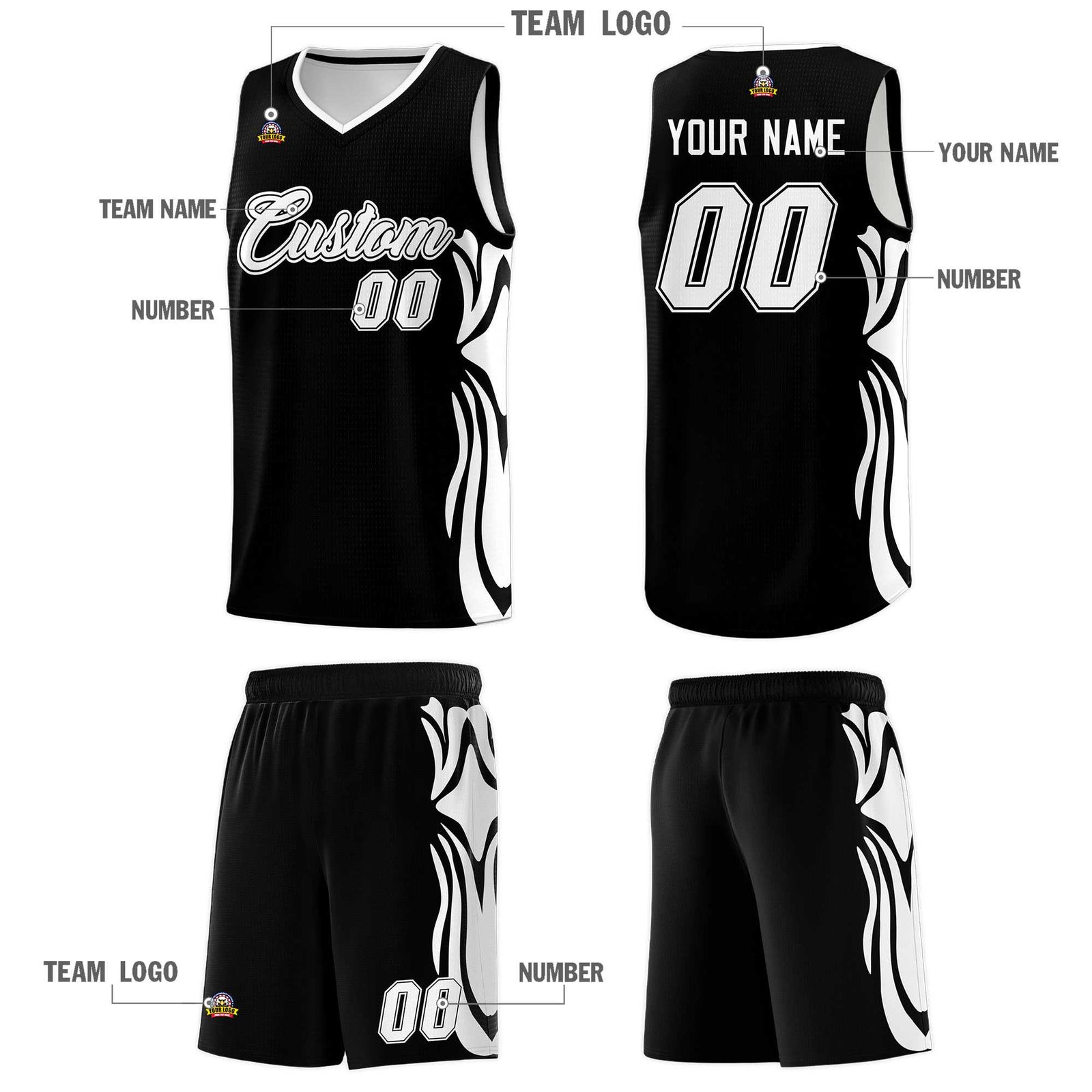 Custom Black White-White Graffiti Pattern Side Curve Pattern Sports Uniform Basketball Jersey Sets