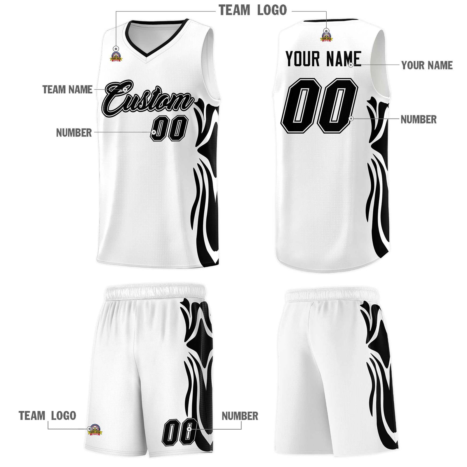 Custom White Black-Black Graffiti Pattern Side Curve Pattern Sports Uniform Basketball Jersey Sets