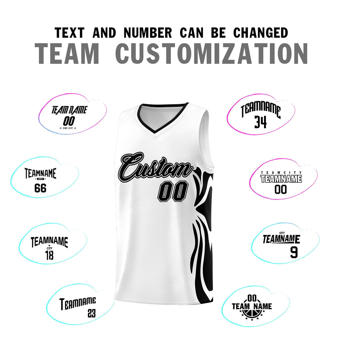 Custom White Black-Black Graffiti Pattern Side Curve Pattern Sports Uniform Basketball Jersey Sets