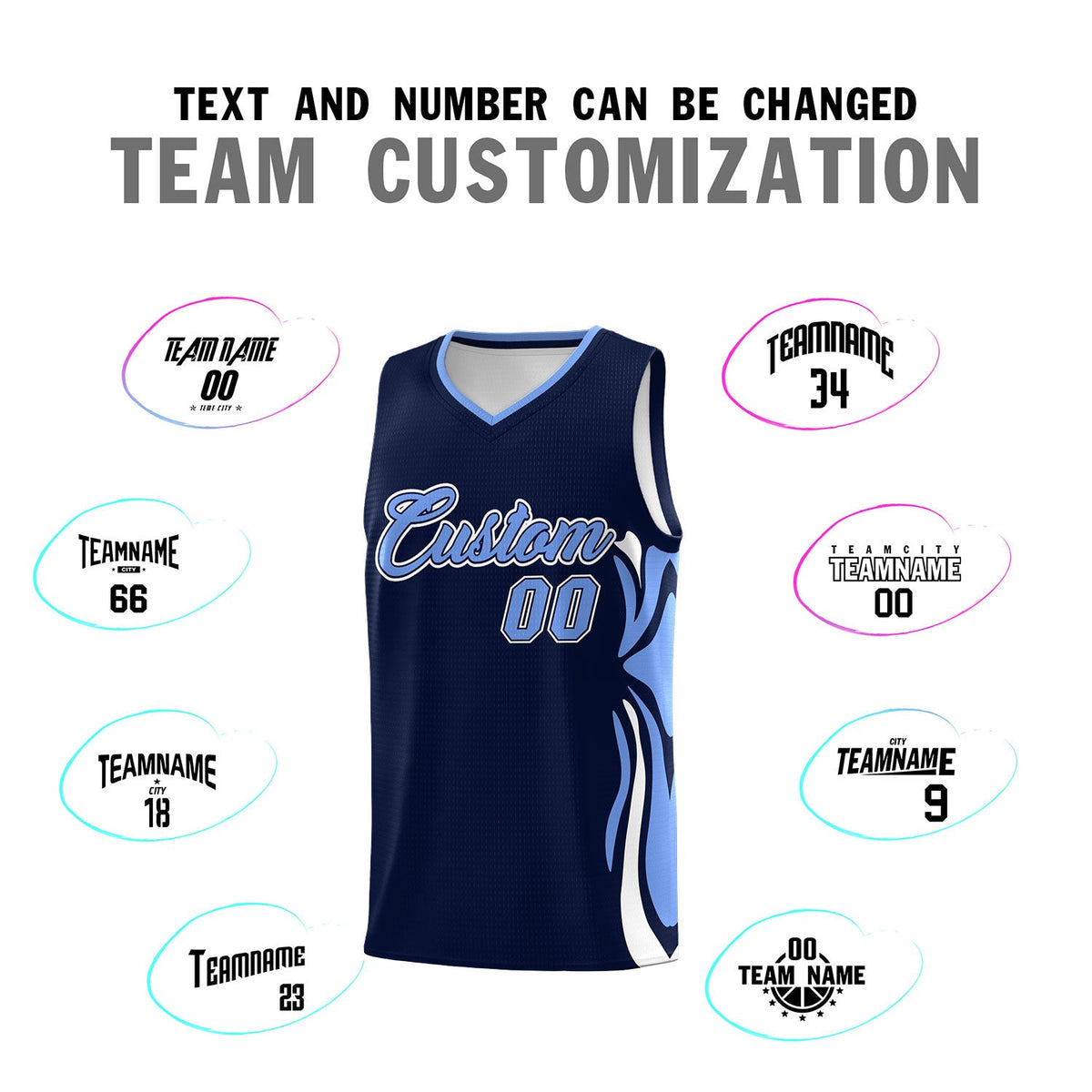 Custom Navy Light Blue-White Graffiti Pattern Side Curve Pattern Sports Uniform Basketball Jersey Sets