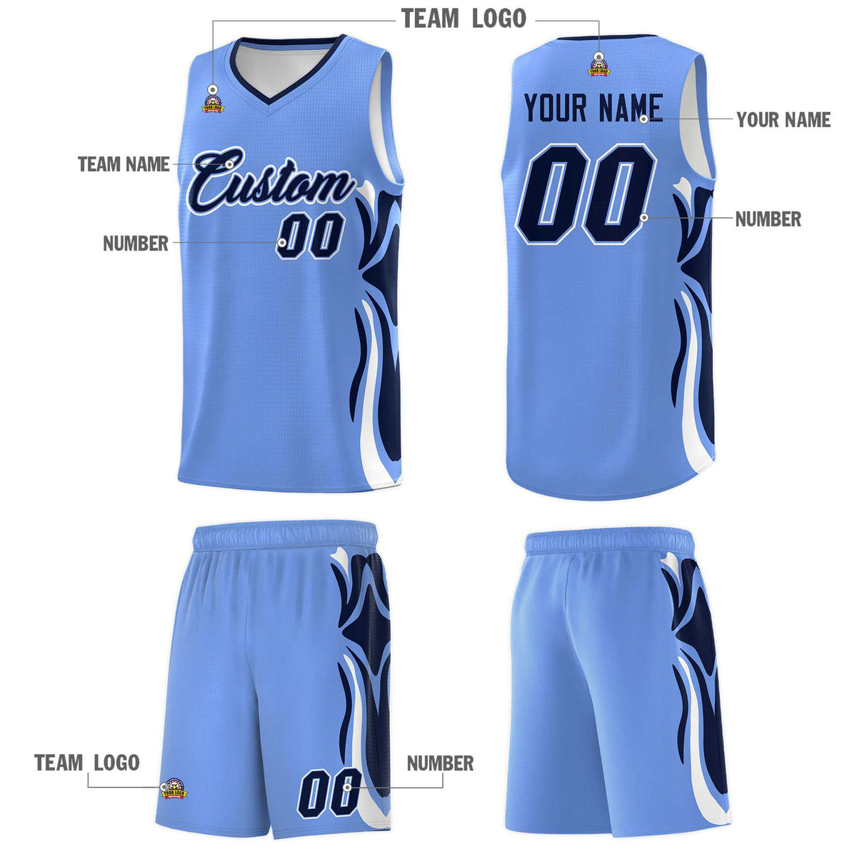 Custom Light Blue Navy-White Graffiti Pattern Side Curve Pattern Sports Uniform Basketball Jersey Sets