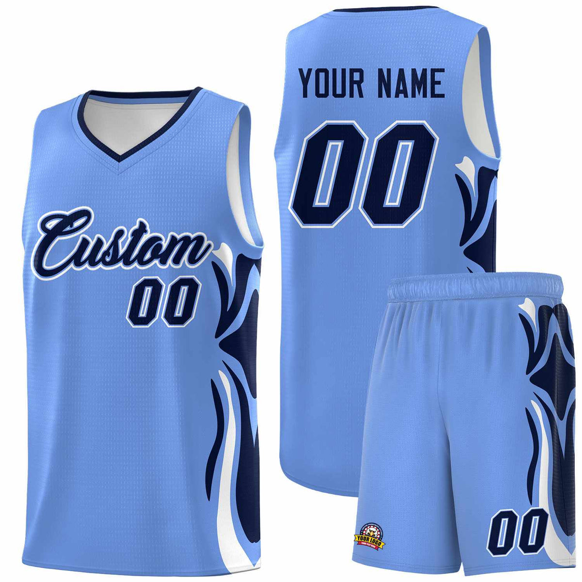 Custom Light Blue Navy-White Graffiti Pattern Side Curve Pattern Sports Uniform Basketball Jersey Sets