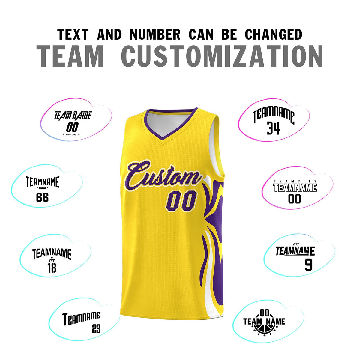 Custom Gold Purple-White Graffiti Pattern Side Curve Pattern Sports Uniform Basketball Jersey Sets