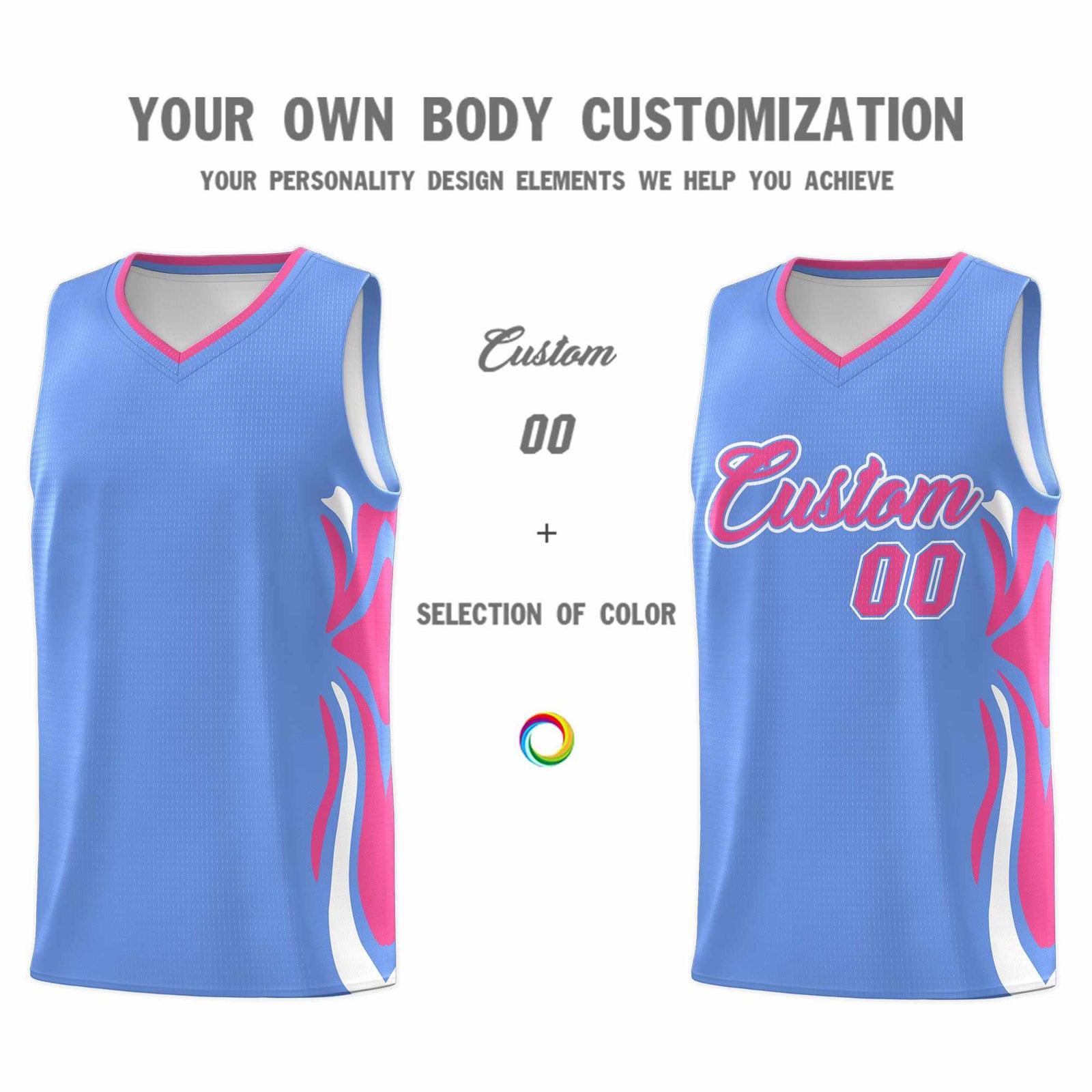 Custom Light Blue Pink-White Graffiti Pattern Side Curve Pattern Sports Uniform Basketball Jersey Sets