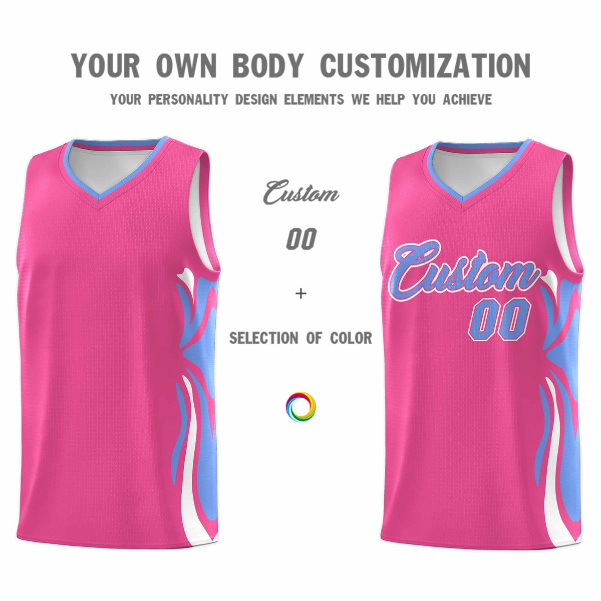 Custom Pink Light Blue-White Graffiti Pattern Side Curve Pattern Sports Uniform Basketball Jersey Sets