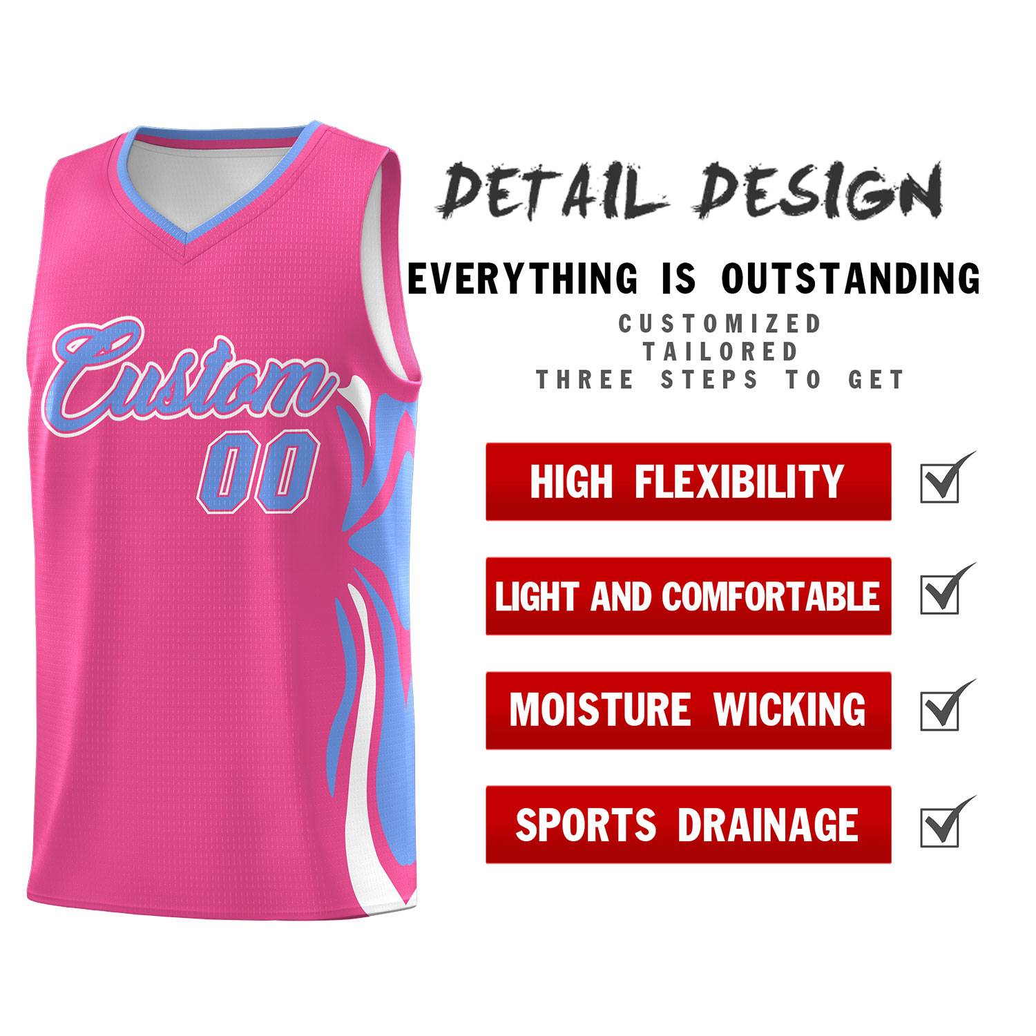 Custom Pink Light Blue-White Graffiti Pattern Side Curve Pattern Sports Uniform Basketball Jersey Sets
