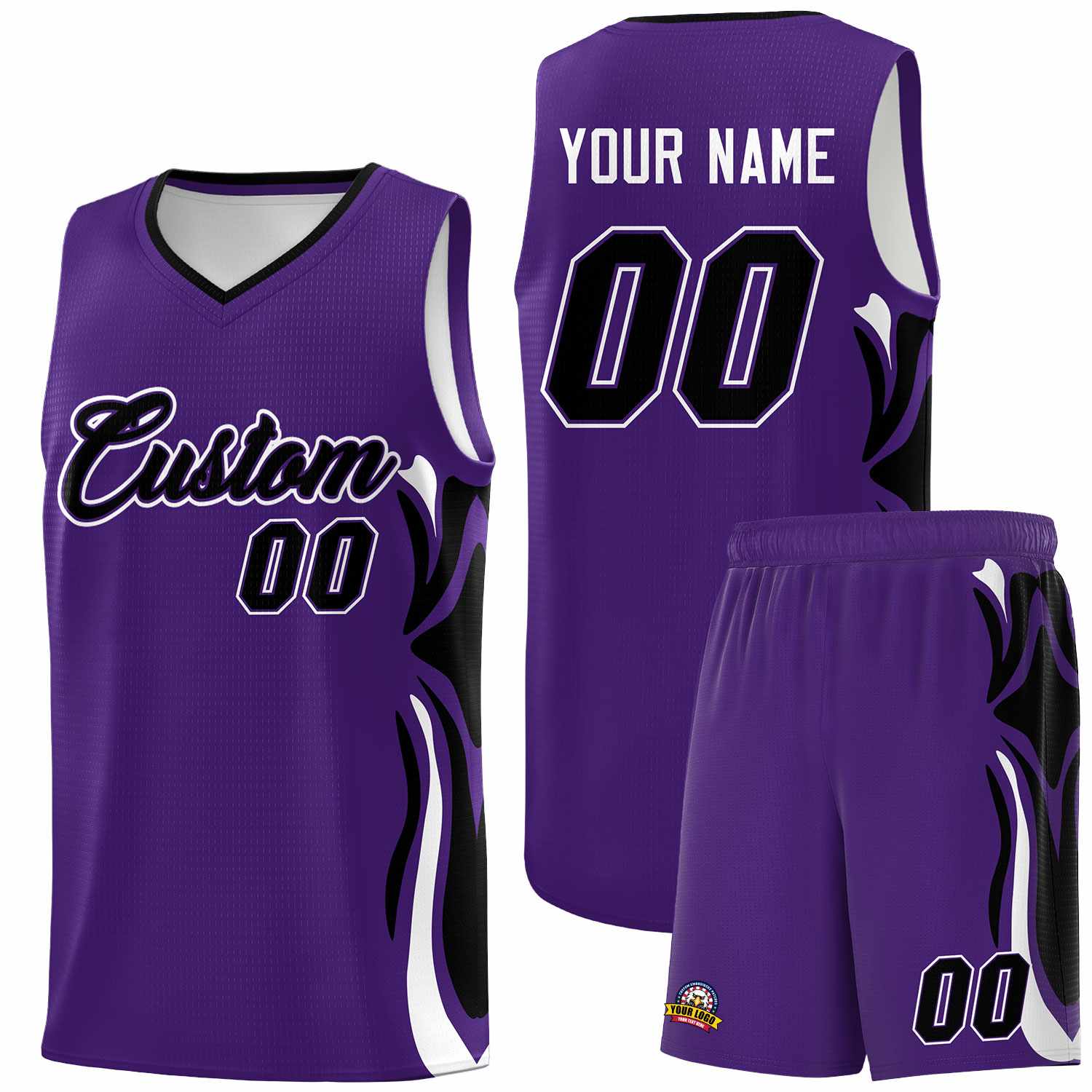 Custom Purple Black-White Graffiti Pattern Side Curve Pattern Sports Uniform Basketball Jersey Sets