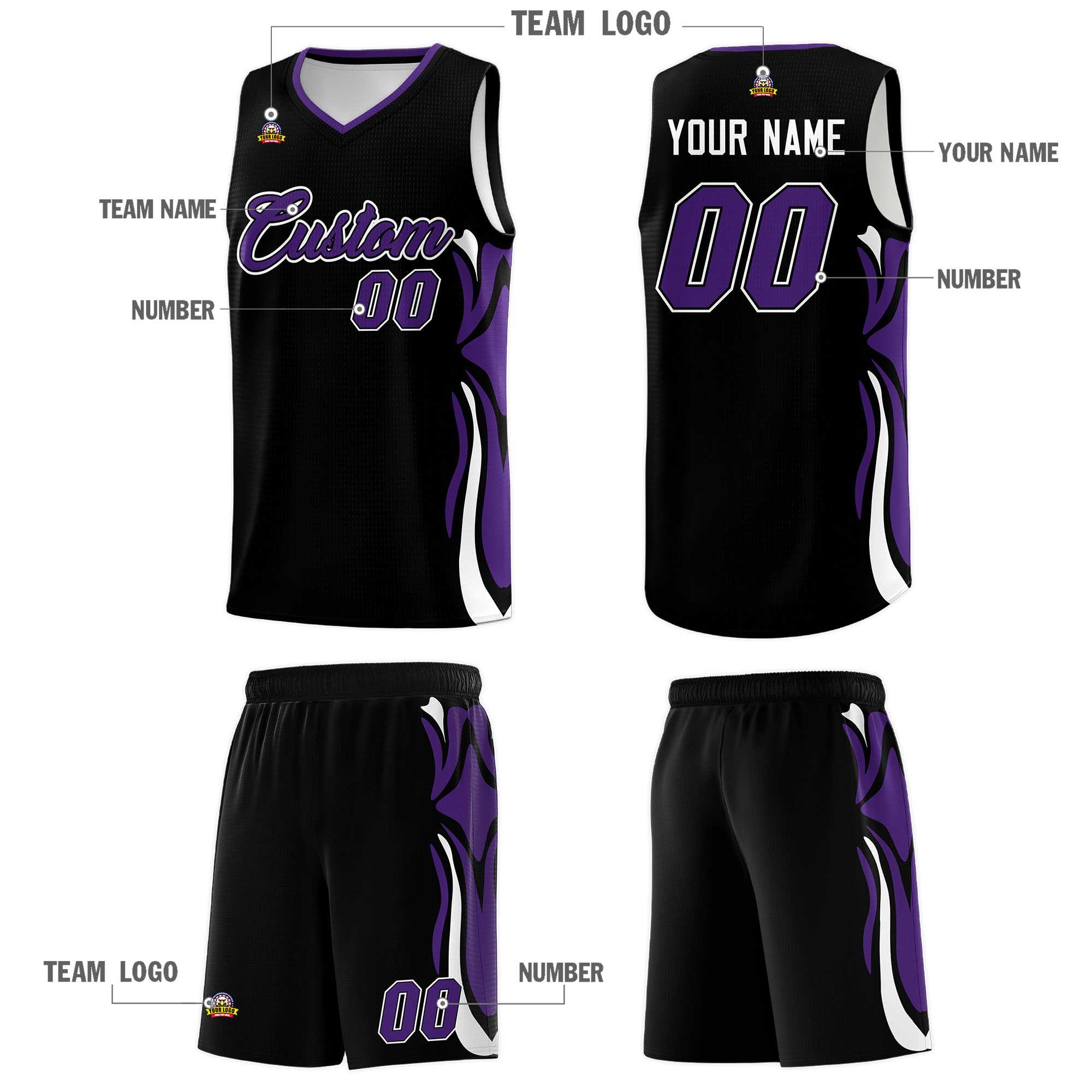 Custom Black Purple-White Graffiti Pattern Side Curve Pattern Sports Uniform Basketball Jersey Sets