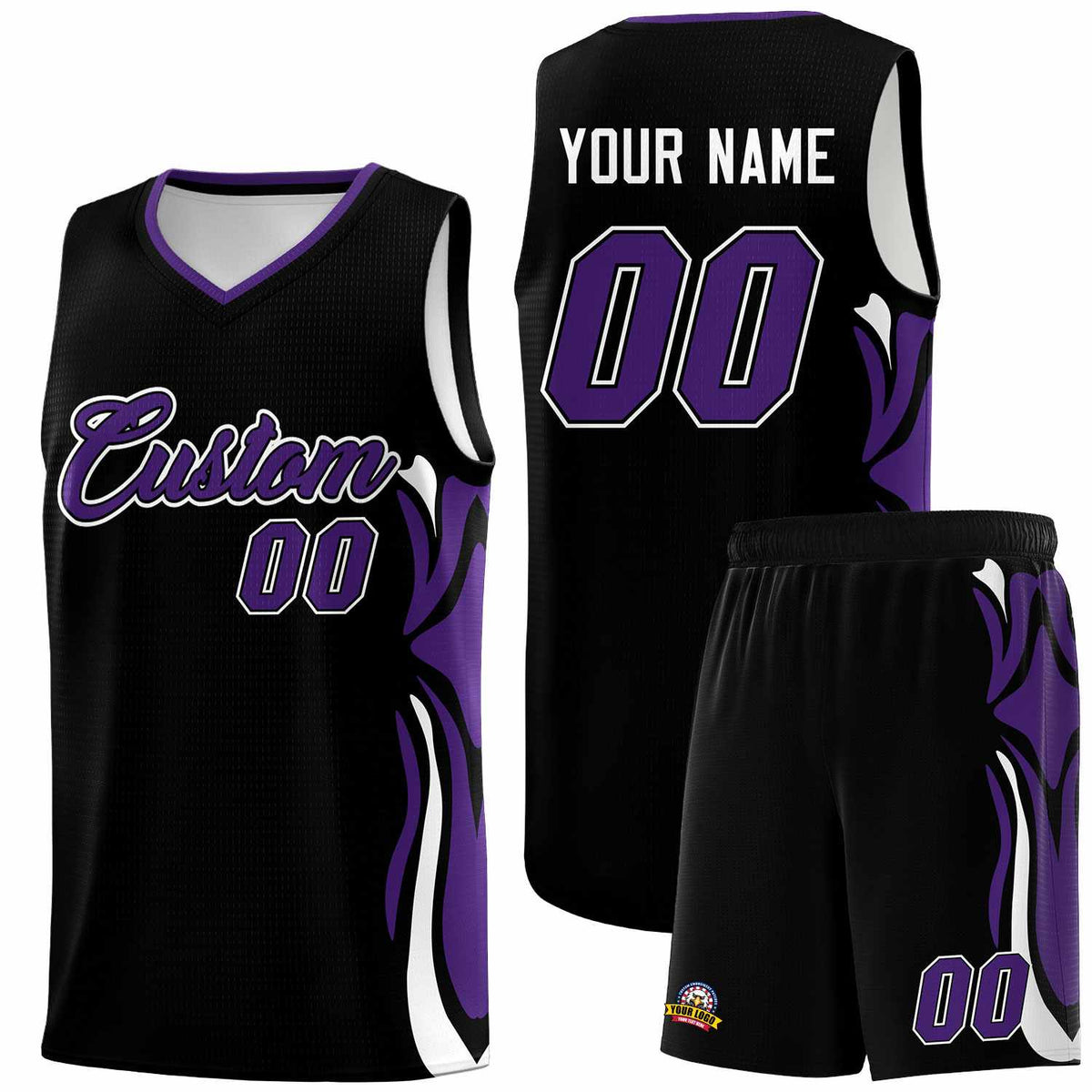 Custom Black Purple-White Graffiti Pattern Side Curve Pattern Sports Uniform Basketball Jersey Sets