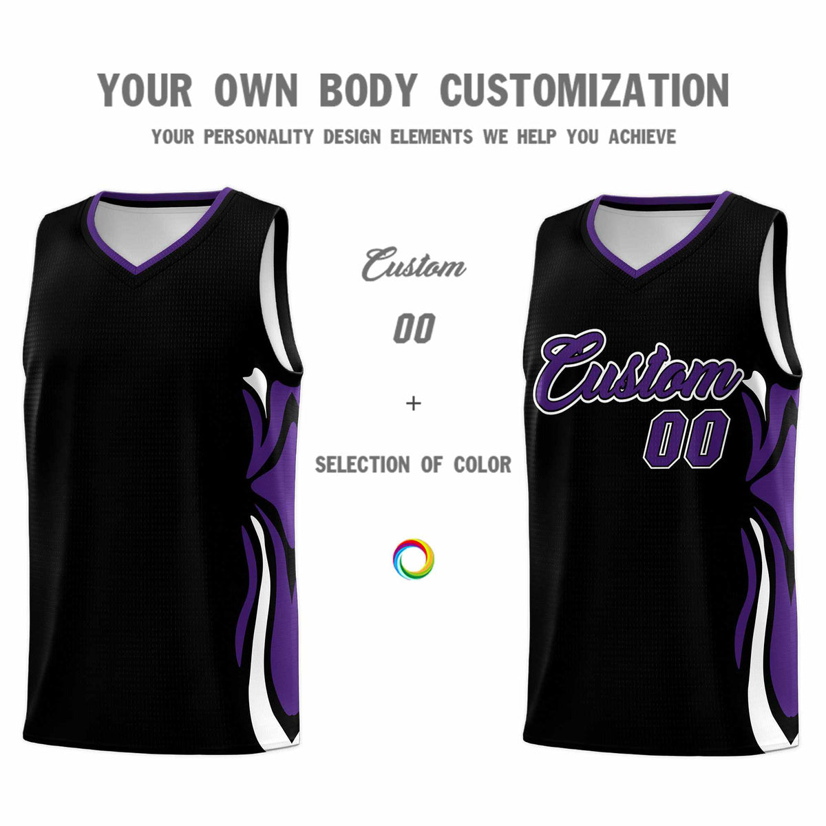 Custom Black Purple-White Graffiti Pattern Side Curve Pattern Sports Uniform Basketball Jersey Sets