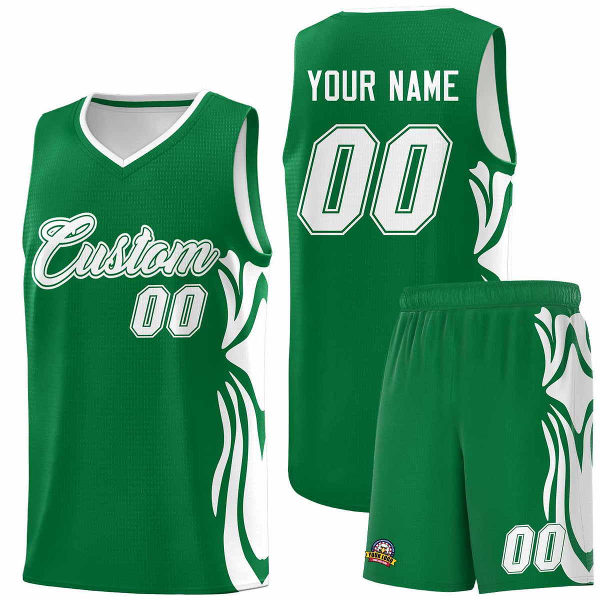 Custom Kelly Green White-White Graffiti Pattern Side Curve Pattern Sports Uniform Basketball Jersey Sets