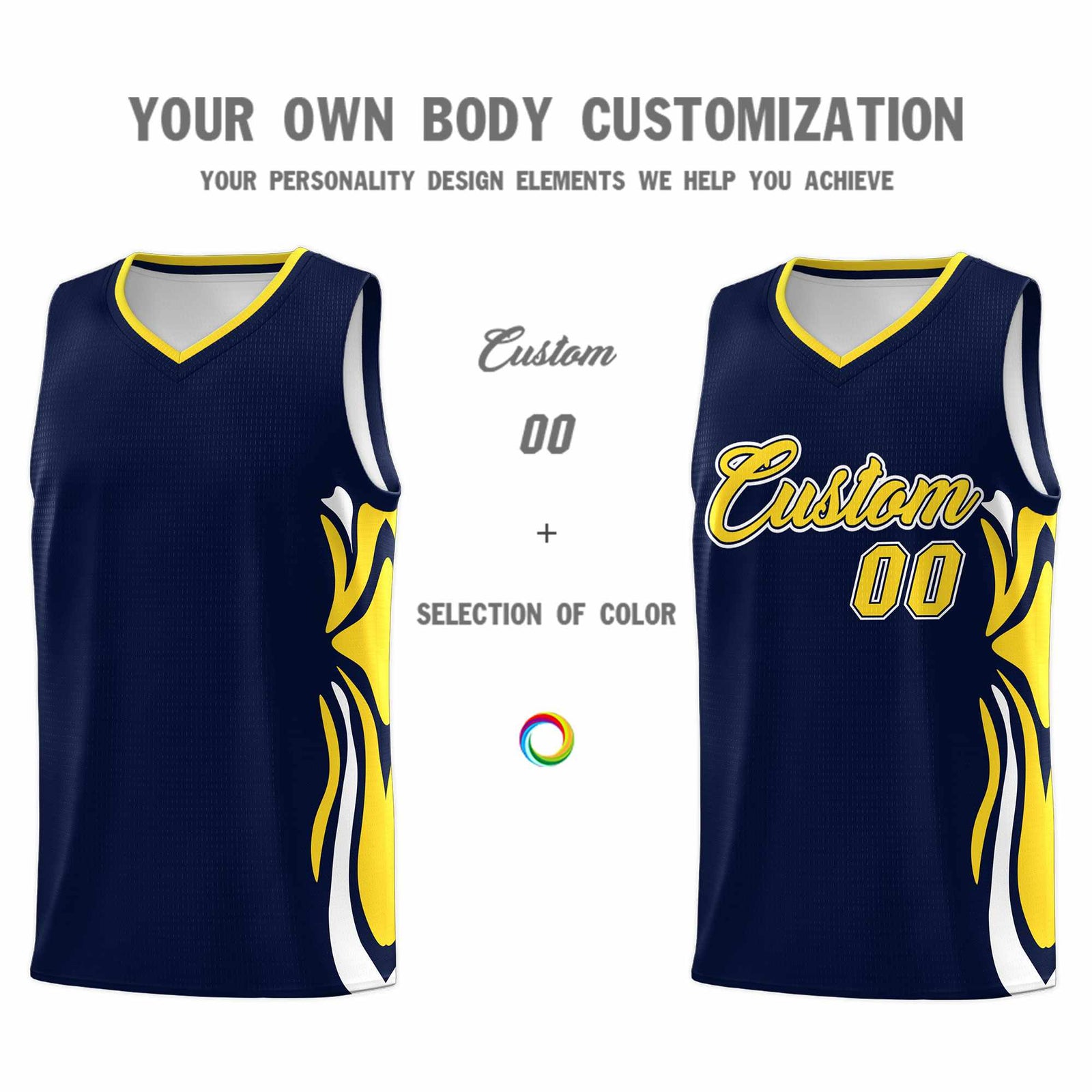 Custom Navy Gold-White Graffiti Pattern Side Curve Pattern Sports Uniform Basketball Jersey Sets