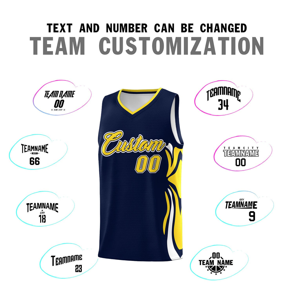 Custom Navy Gold-White Graffiti Pattern Side Curve Pattern Sports Uniform Basketball Jersey Sets