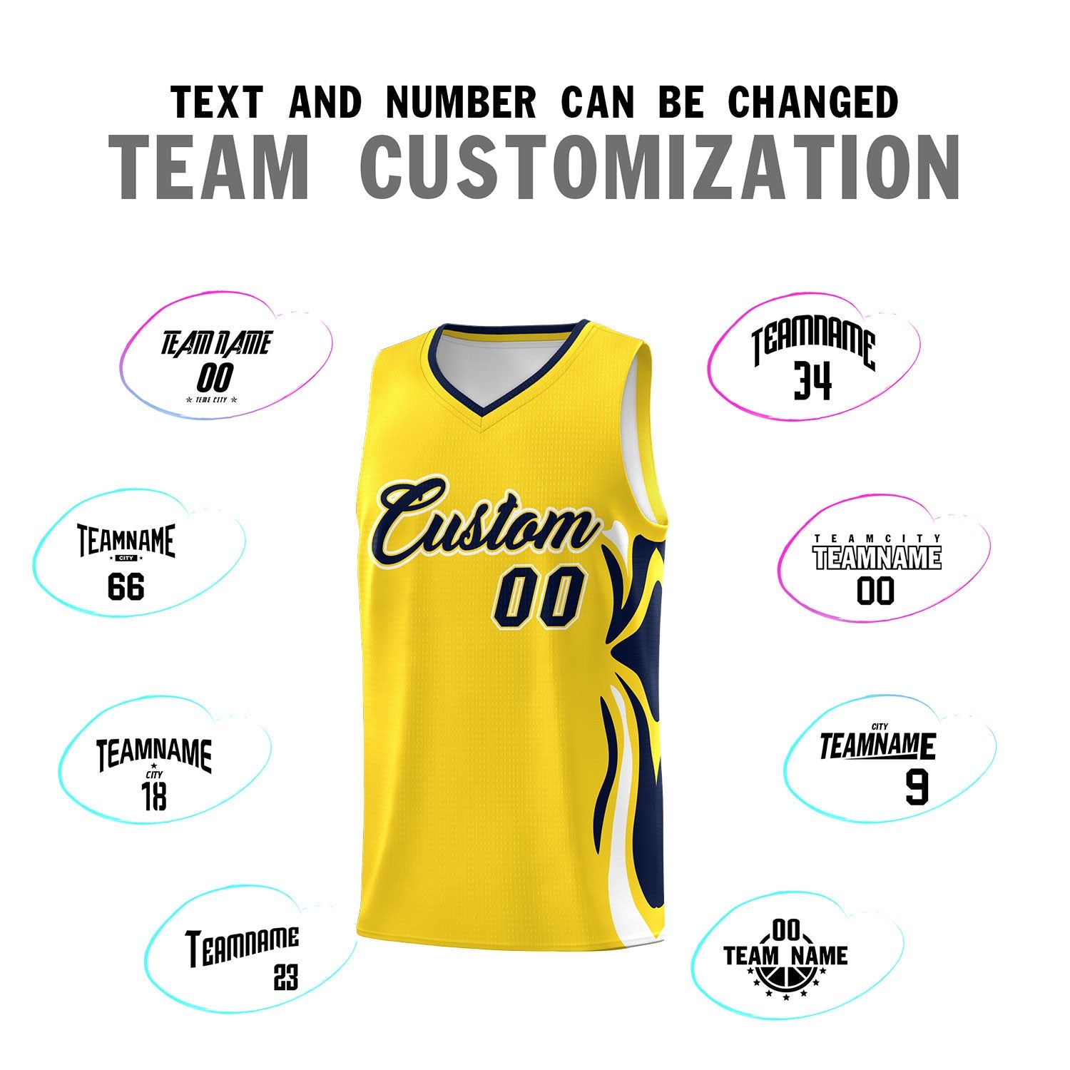 Custom Gold Navy-White Graffiti Pattern Side Curve Pattern Sports Uniform Basketball Jersey Sets