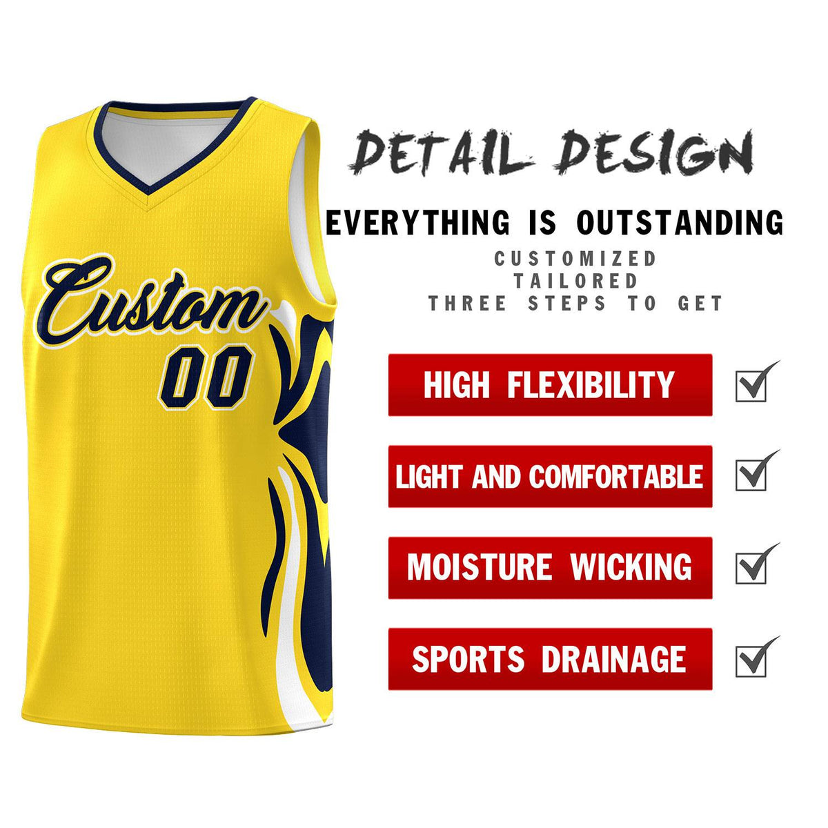 Custom Gold Navy-White Graffiti Pattern Side Curve Pattern Sports Uniform Basketball Jersey Sets