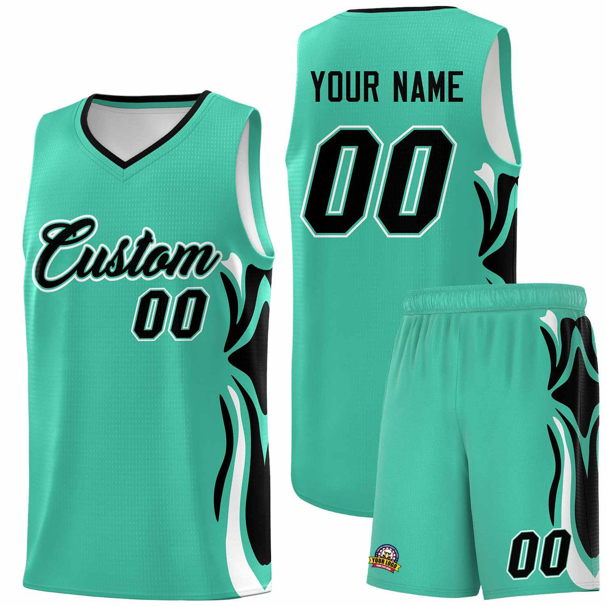 Custom Bright Green Black-White Graffiti Pattern Side Curve Pattern Sports Uniform Basketball Jersey Sets
