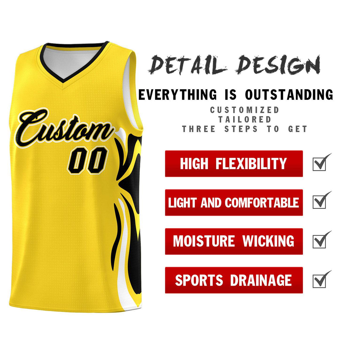 Custom Gold Black-White Graffiti Pattern Side Curve Pattern Sports Uniform Basketball Jersey Sets