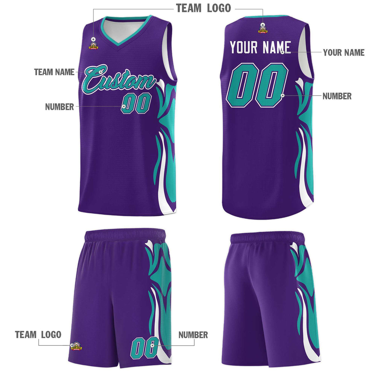 Custom Purple Aqua-White Graffiti Pattern Side Curve Pattern Sports Uniform Basketball Jersey Sets