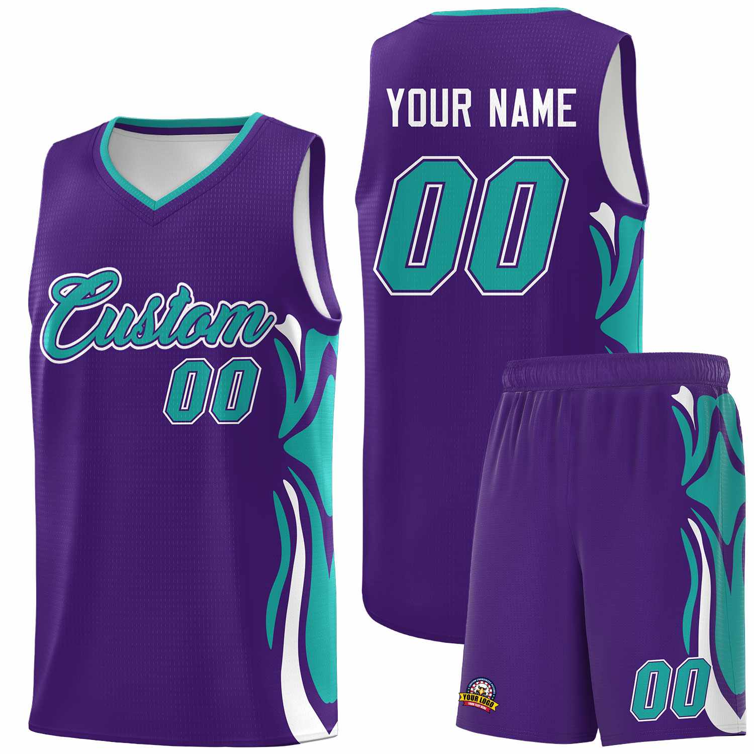 Custom Purple Aqua-White Graffiti Pattern Side Curve Pattern Sports Uniform Basketball Jersey Sets